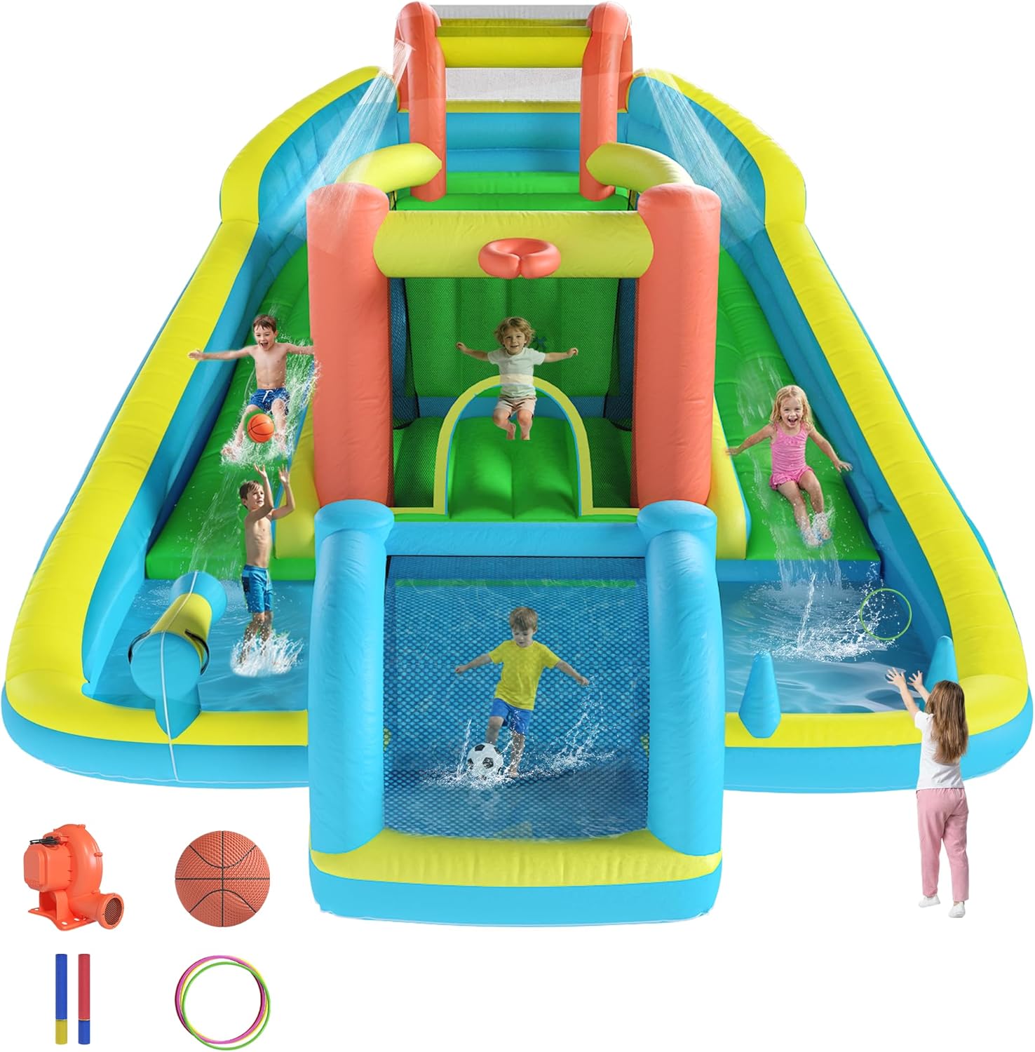 Inflatable Bounce House with Double Slide, Bouncy Castle for Kids 3-12 with Blower, Water Cannon, Football Net, Jumping, Climbing Wall, Basketball Hoop, Backyard Water Park for Kids