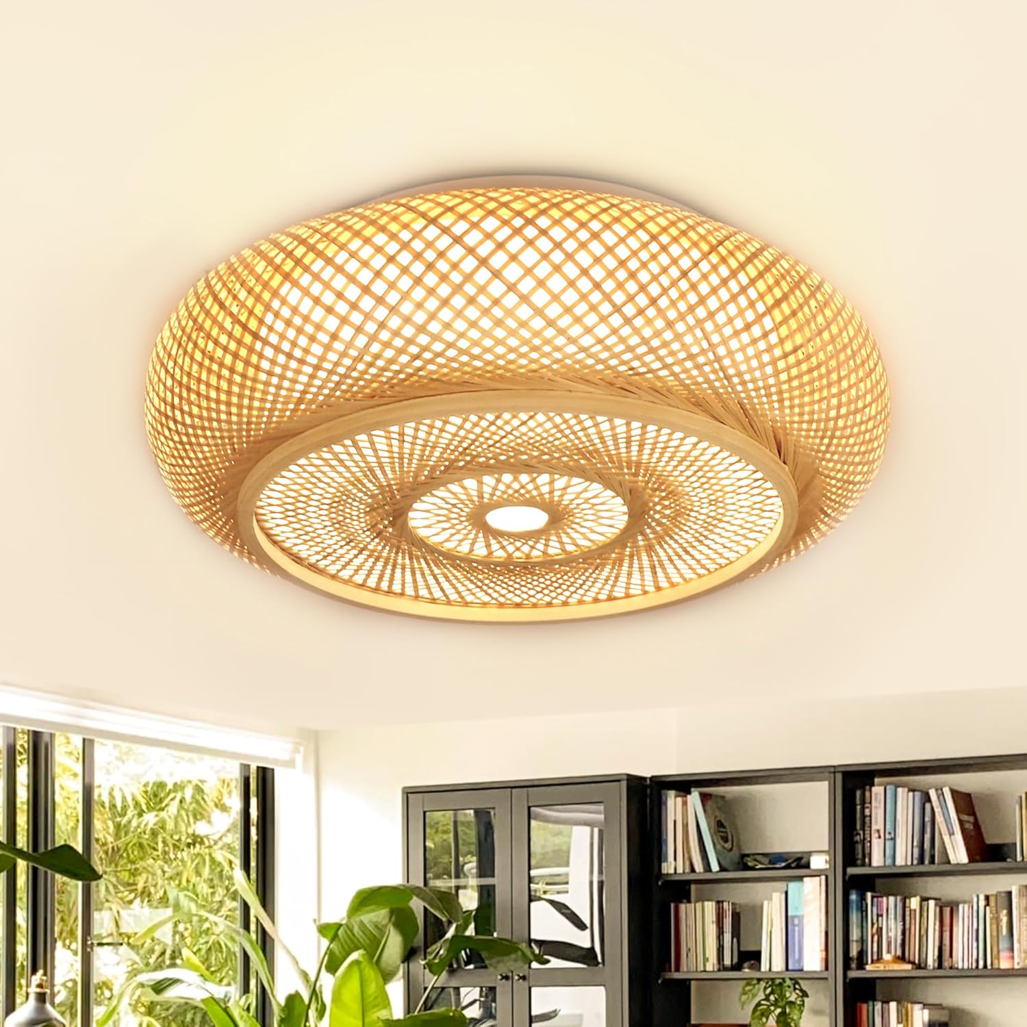 Boho Woven Flush Mount Ceiling Light, 19.68in Handwoven Bamboo Rattan Round LED Light 40W, 3000–6000K Dimmable with Remote, for Living Room Bedroom Cafe Farmhouse