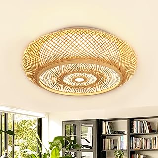 Boho Woven Flush Mount Ceiling Light, 19.68in Handwoven Bamboo Rattan Ro...
