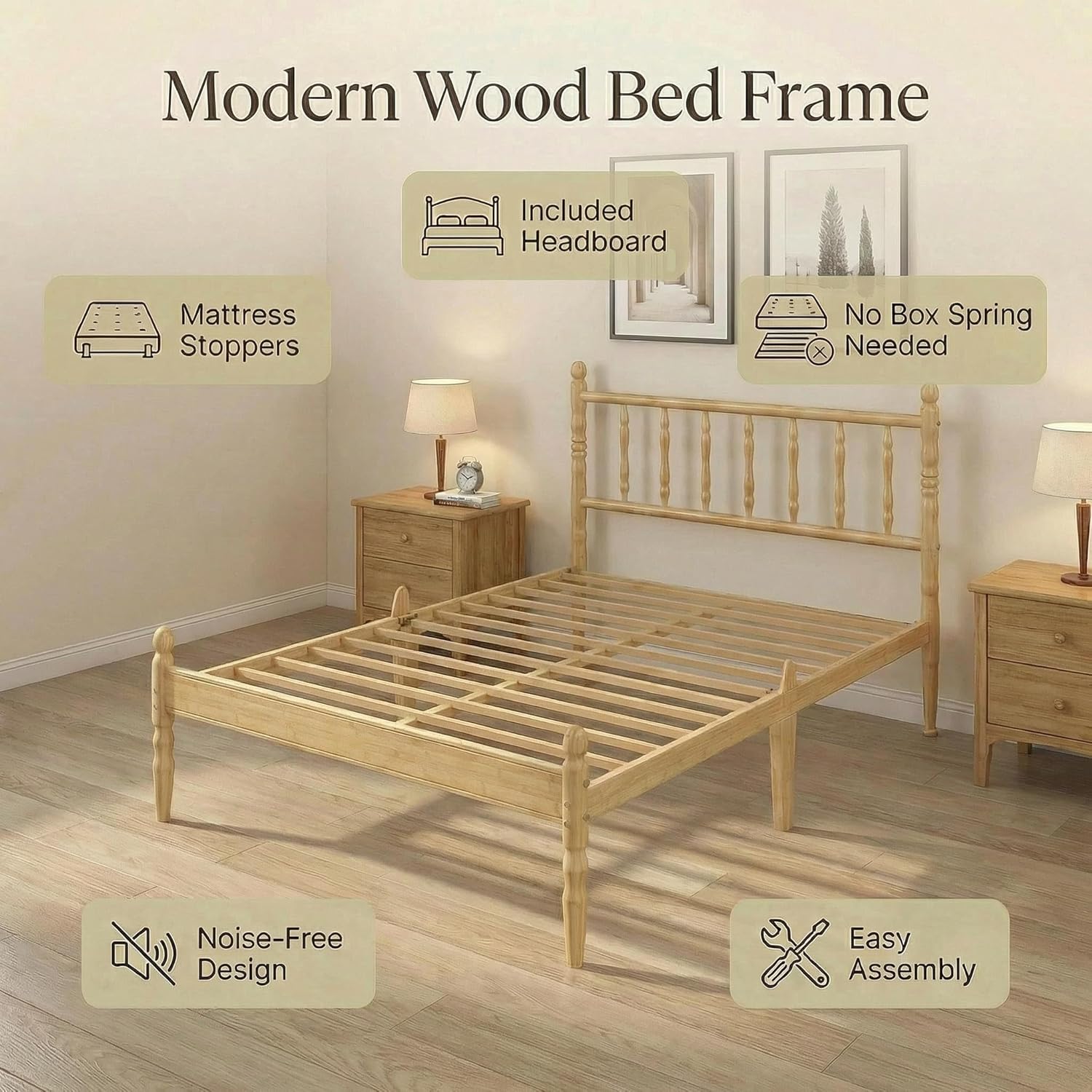 Solid Wood Twin Bed Frame with Headboard & Mattress Stopper, Bamboo Platform Bedframe No Box Spring Needed, Modern Heavy Duty Frame, Noise Free & Easy Assembly
