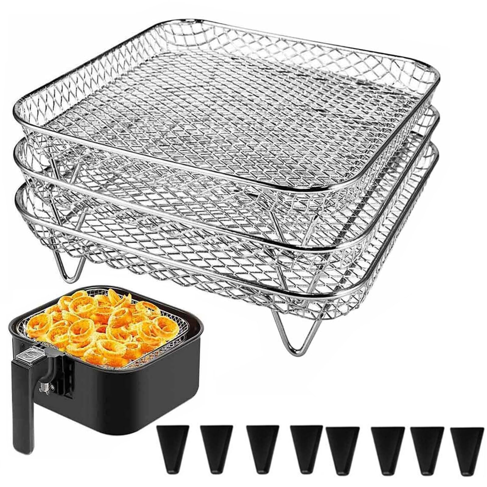 エアフライヤーラック Ninja Crispi/Ninja Pro Cosori Chefmanエアフライヤーなどにフィット エアフライヤーアクセサリー 積み重ね可能なステンレススチールエアフライヤーバスケット3個 シリコンフィート付き (4~6クォート用)