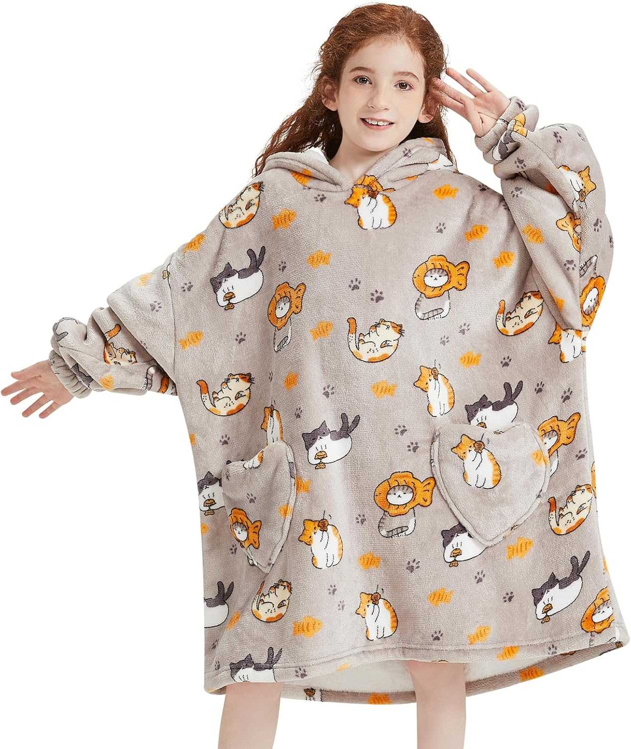 Wearable Blanket Hoodie for Kids Oversized Sherpa Blanket Hoodie for Kids Boys Girls Teens 6-13YR,Beige Cat