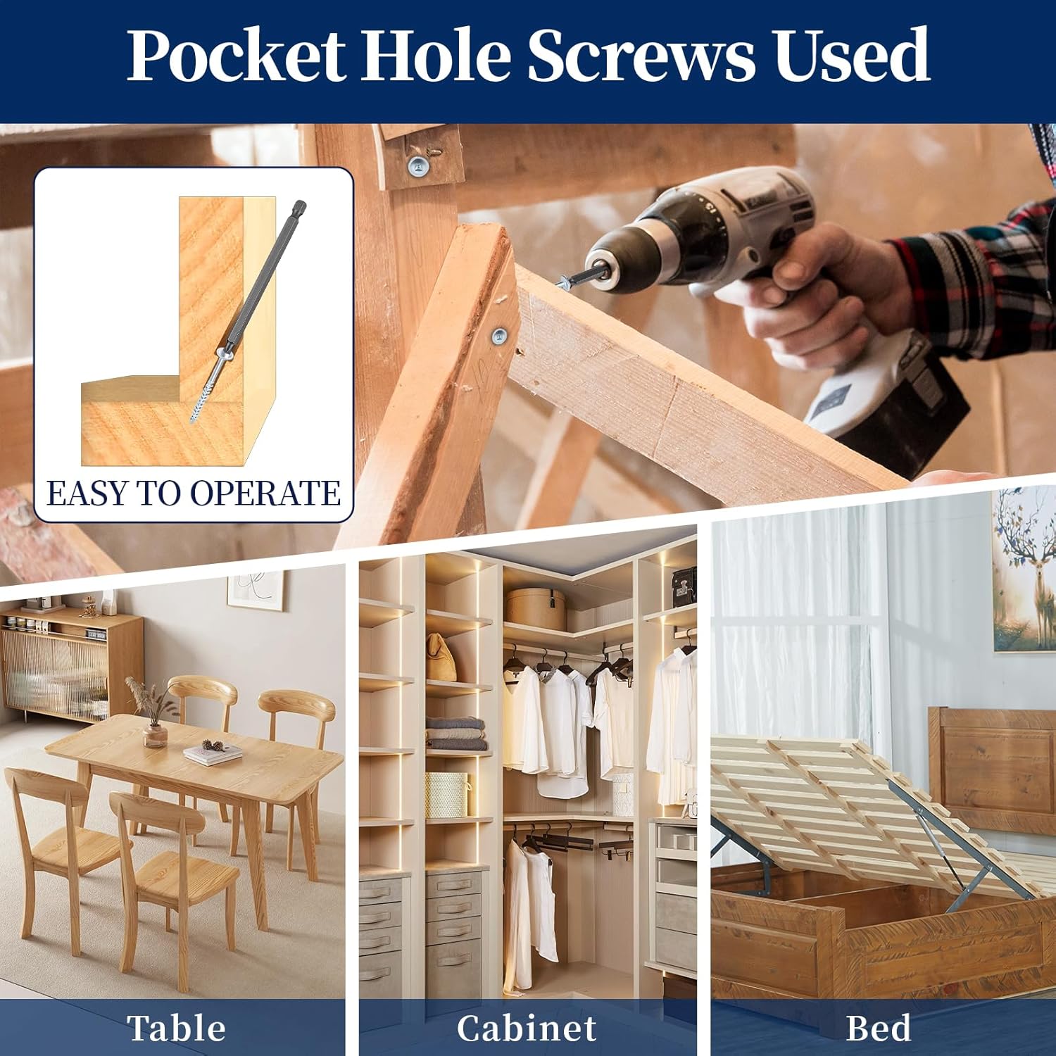 Pocket Hole Screws 2-1/2 Inch, Goobetter Pocket Screws #8 x 2-1/2" 600 Pcs, Washer Head with Square Drive, Coarse Thread Wood Screws, Zinc Plated, for Indoor Use, 100MM Drive Bit Included - Image 6