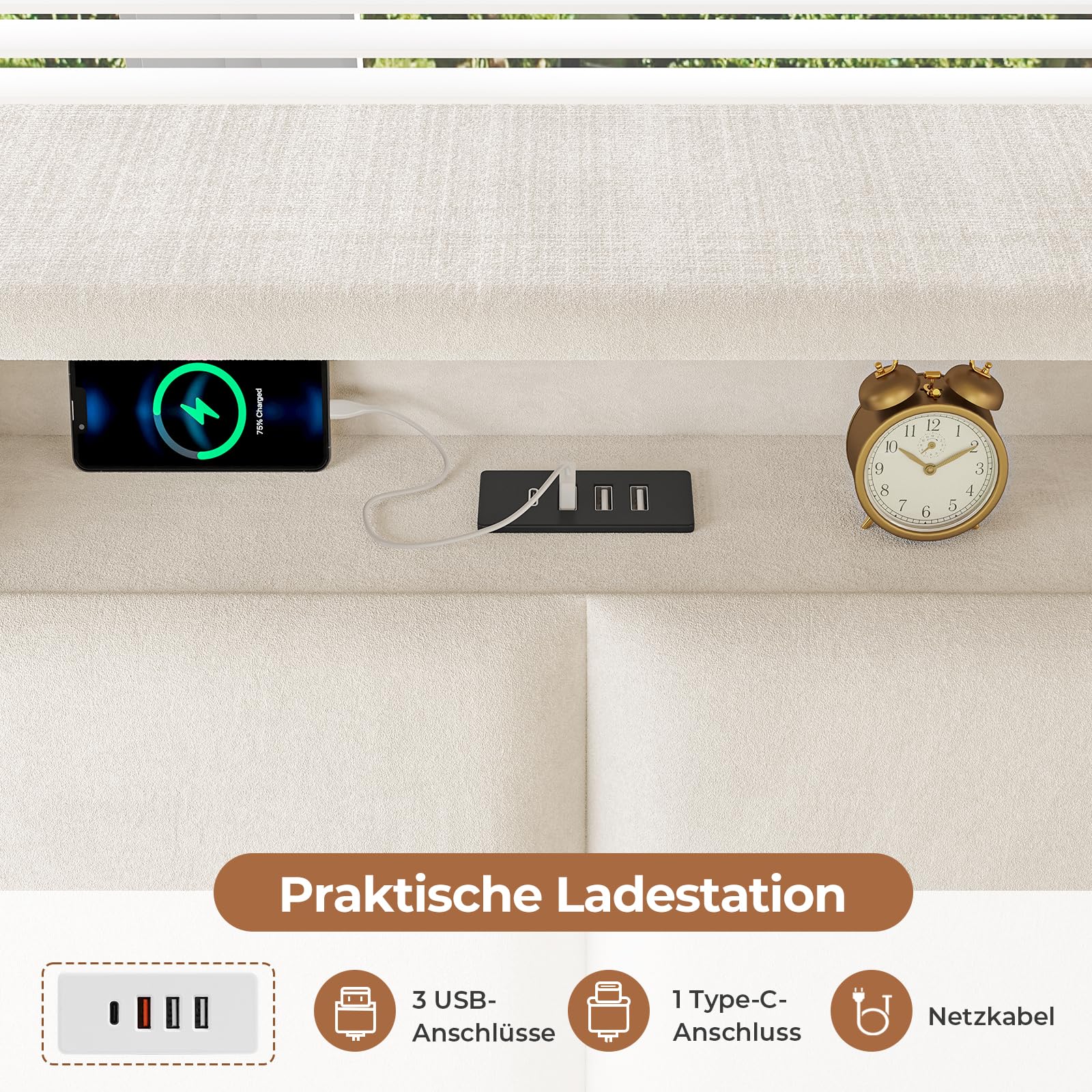 AOGLLATI Polsterbett Schlafsofa 140x200 mit USB-Steckdosen & hydraulischem Stauraum, Betten 140x200 mit LED-Kopfteil & Lattenrost, Kinderbett Tagesbett, Doppelbett, Beige Samt (ohne Matratze)