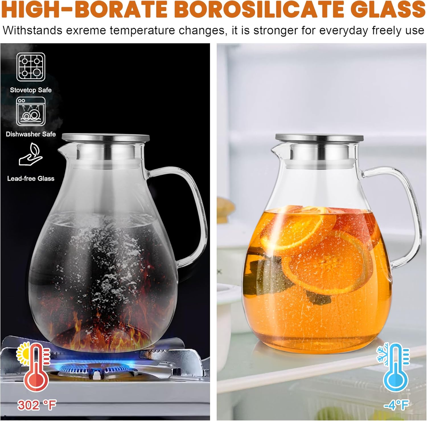 SUSTEAS 3 Litre 101oz Glass Pitcher Jar with Lid and Nozzle, 3.17Quart Cold/Hot Water Glass Water Bottle, Ice Tea for Refrigerator, Large Water Jar for Juice, Milk, Coffee or Homemade Drinks - Image 3