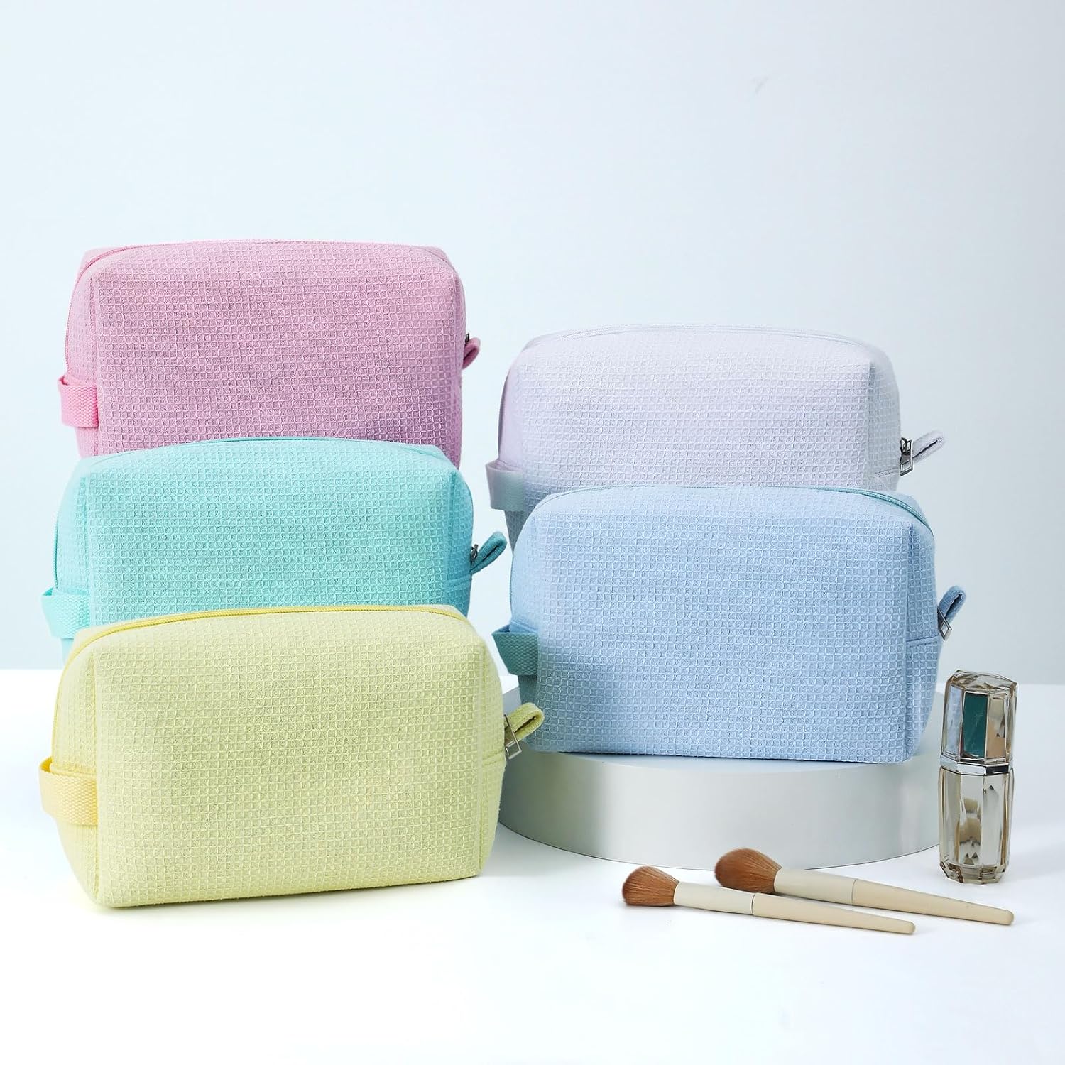 DYSHAYEN Waffle Makeup Pouch Bag, Small Travel Cosmetic Bag, Gifts for Women Bridesmaid,Wedding,Christmas (White)