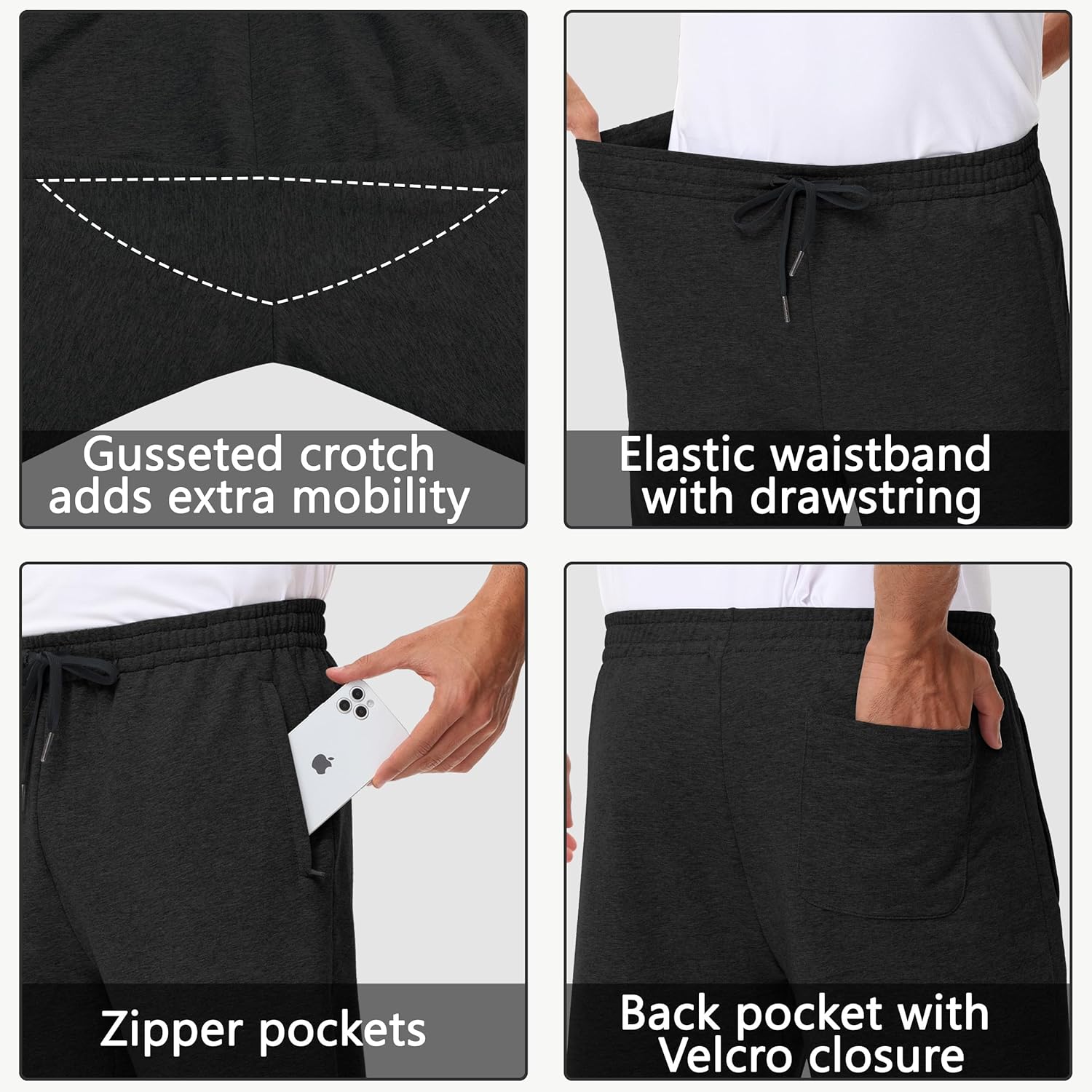 Men's 30" 34" 36" Cotton Yoga Sweatpants - Athletic Casual Lounge Open Bottom Straight Leg Loose Pants Zipper Pockets - Image 4