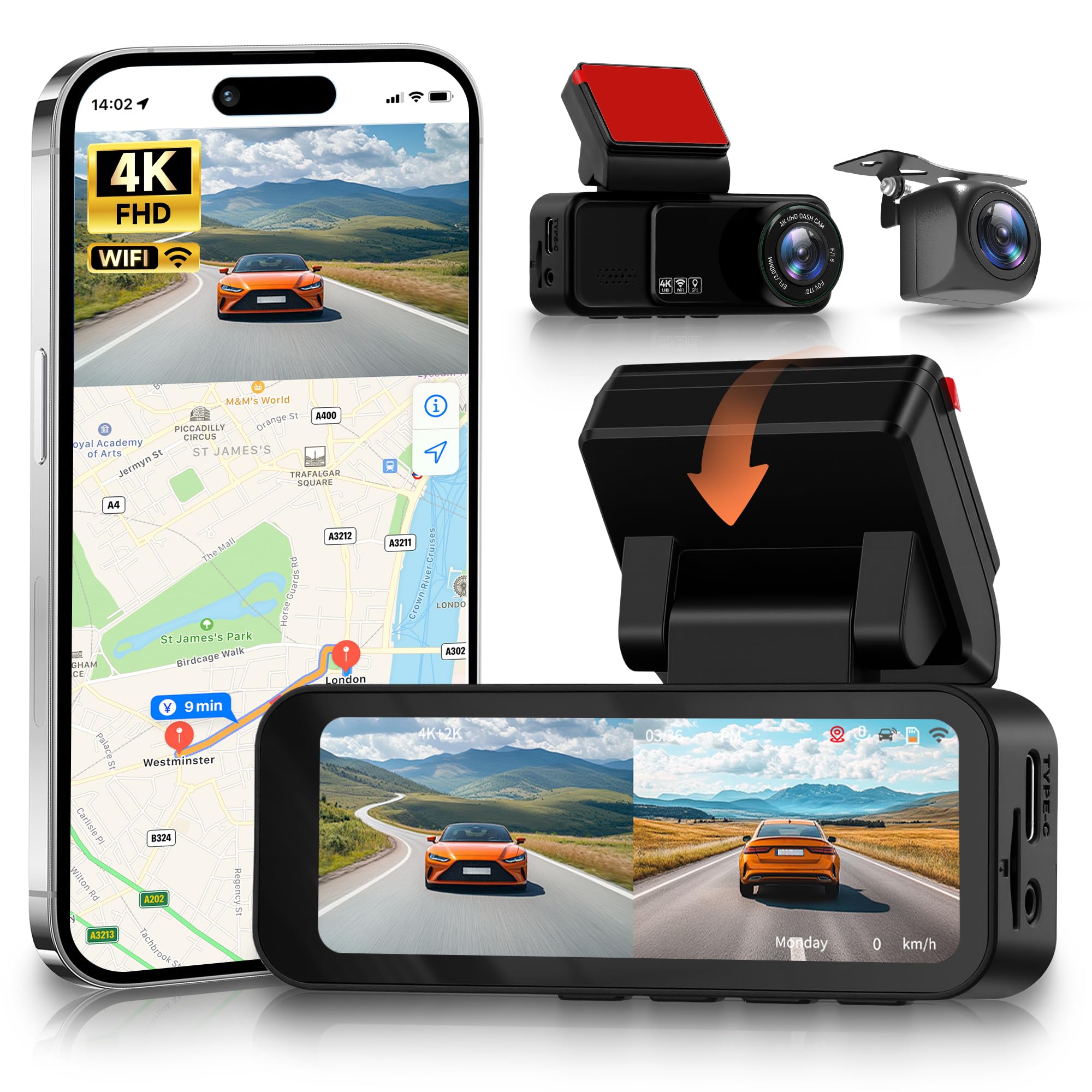 Rimoody 4K 2 Canal WiFi Dashcam para Coche 4K+2K Delantera y Trasera, 3.16" IPS Pantalla Dash CAM con GPS WiFi & Control de App, ADAS & BSD & LCA, IR Nachtsicht, G-Sensor, Vídeo en Bucle, 24H Monitor