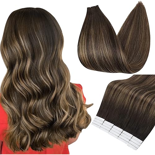 Fshine Tape on Hair Extensions 30 Grams Double Sided Tape in Hair 12 Inch Glue on Hair Extensions Color 2 Fading to 8 Ash Brown Highlight 2 Darkest Brown Balayage Straight Tape in Hair Extensions