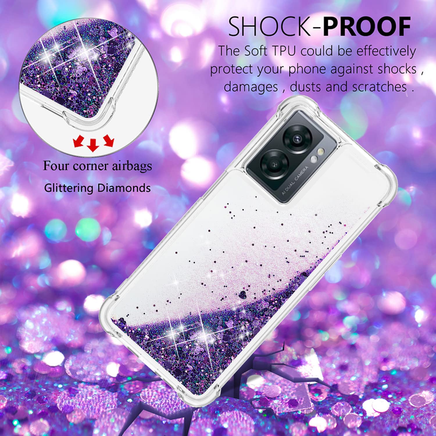 Yarxiawin Custodia per OPPO A57 5G Silicone Sottile Rosa, Effetto Glitter per OPPO A57 Cover Trasparente Brillante Antiurto Case Bumper Rigida (Viola