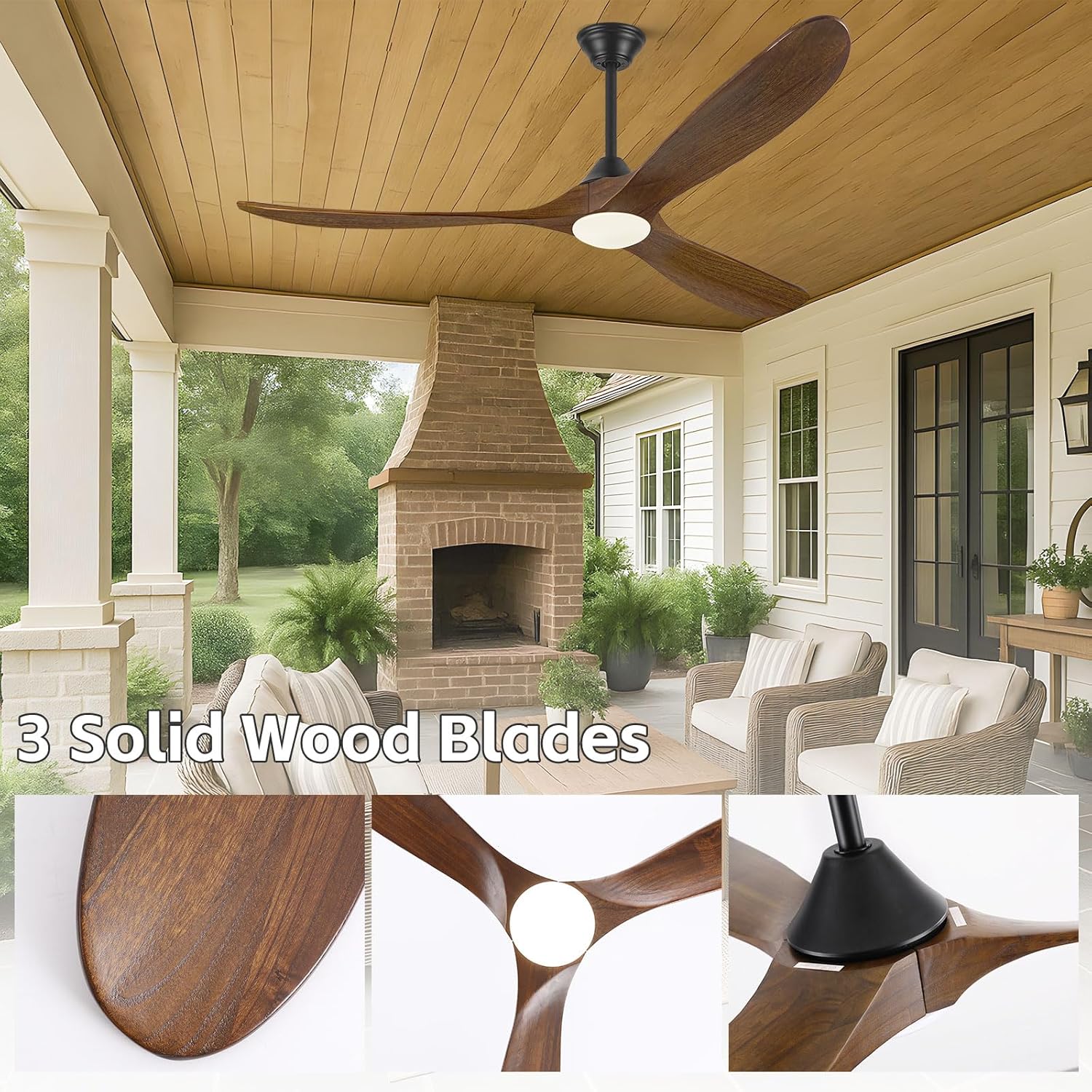 Farmhouse Ceiling Fan with Lights and Remote, 60 Inch Outdoor Ceiling Fans for Patio Damp Rated, 3 Propeller Solid Wood Blades, large Airflow Quiet Reversible DC Motor, for Indoor Exterior Gazebo