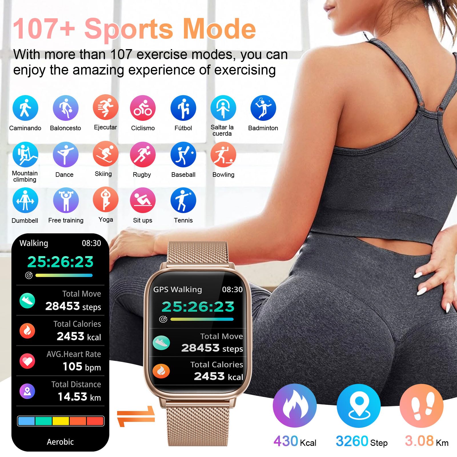 Smartwatch donna, 1,83" Orologio bluetooth con Effettua/Risposta Chiamate,113+Sportive Smart watch Contapassi/24H Cardiofrequenzimetro/Sonno/SpO2, IP68 Fitness Tracker per Android iOS(Oro rosa)