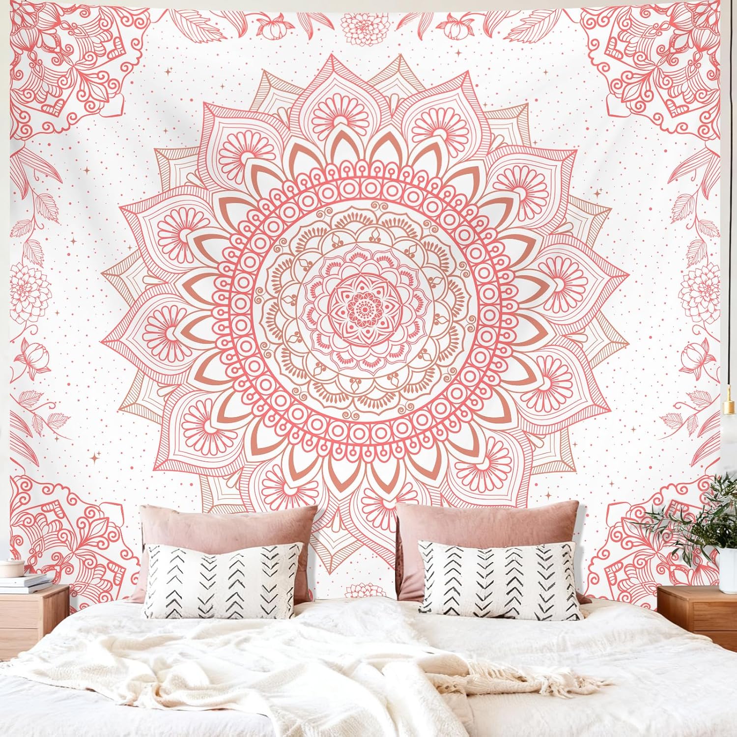 Apdidl Pink Boho Wall Tapestry for Bedroom, Mandala Hippie Cute Floral Tapestries Teen Girl Room Decor, Bohemian Pink and White Poster Wall Hanging Art Aesthetic for Living Room Dorm 71"X90"