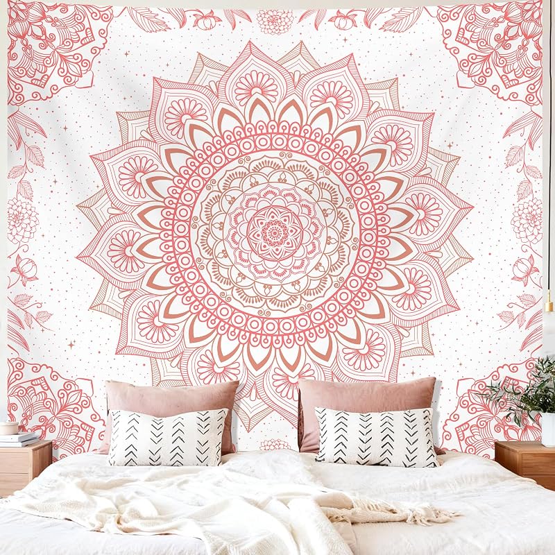 Apdidl Pink Boho Wall Tapestry for Bedroom,Mandala Bohemian Tapestries Girl | Girls Large Light Pink and White Cute Room Wall Hanging, Floral Hippy Flowers Teen Wall Decor Art Aesthetic for Dorm 51"X60"