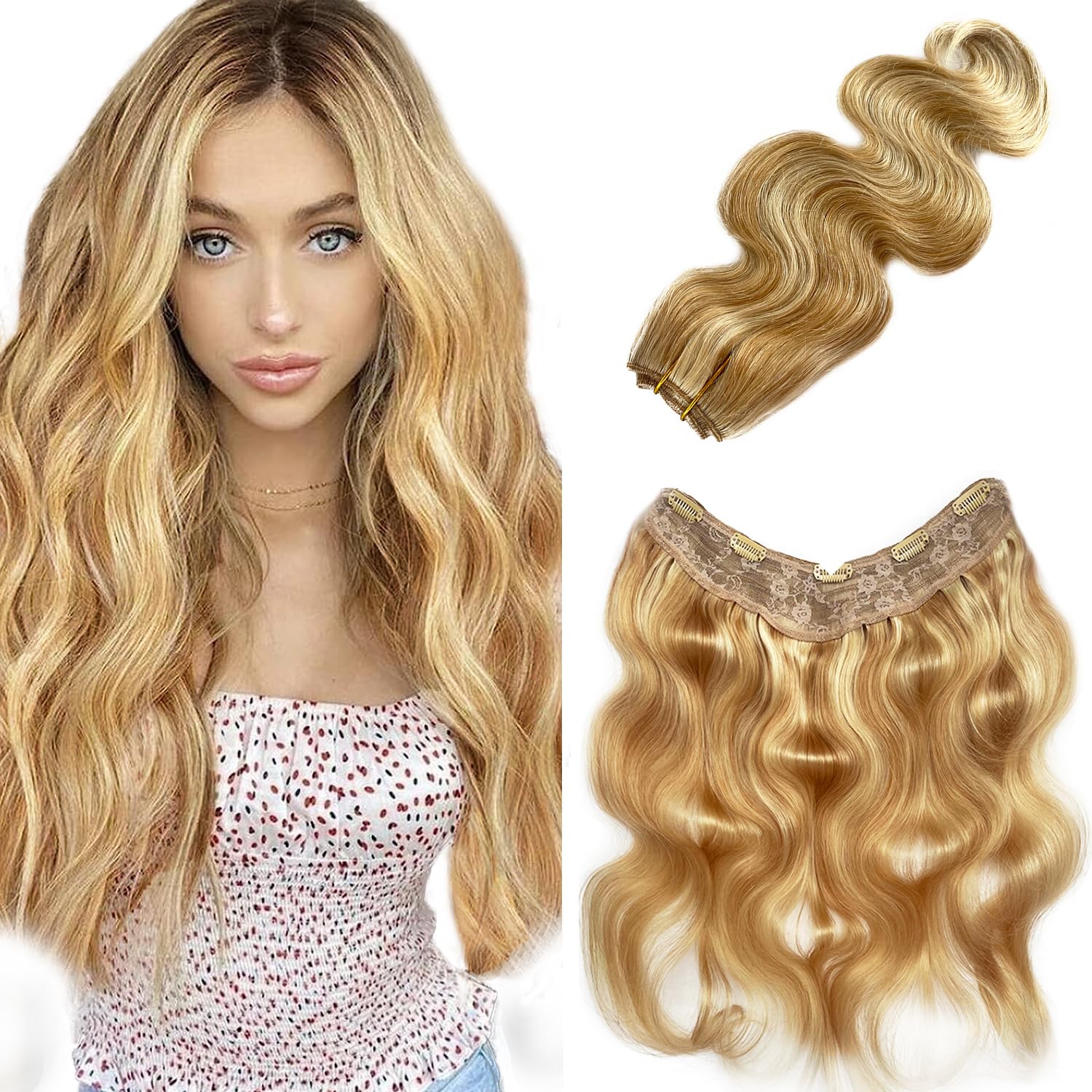 Clip in Hair Extensions Real Human Hair, Highlighted Brown
