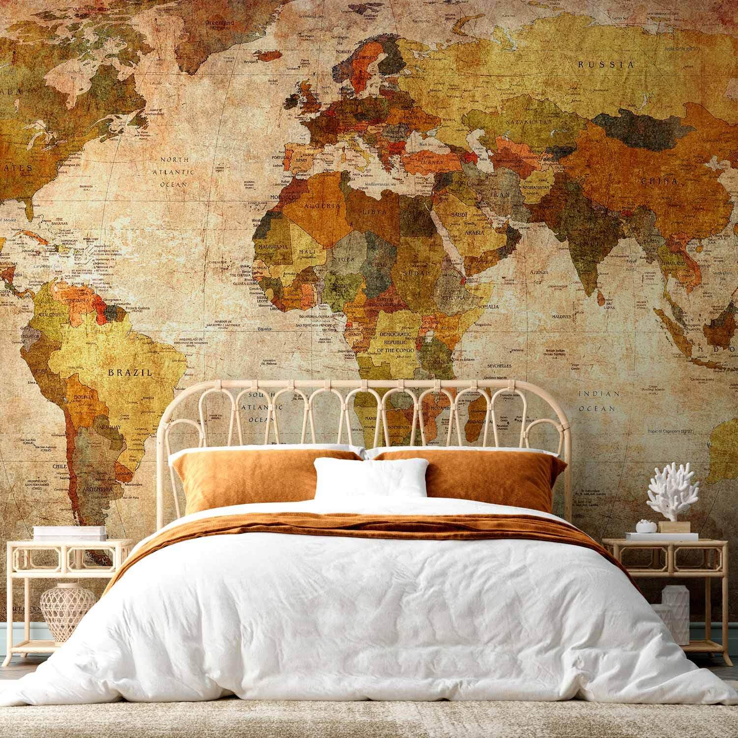 decomonkey Fototapete selbstklebend Weltkarte, 245x175 cm, Vintage Retro | Kontinente, Atlas, Landkarte, Selbstklebende, Tapeten, Wand, Fototapeten, Tapete, Wandtapete, klebend, Klebefolie