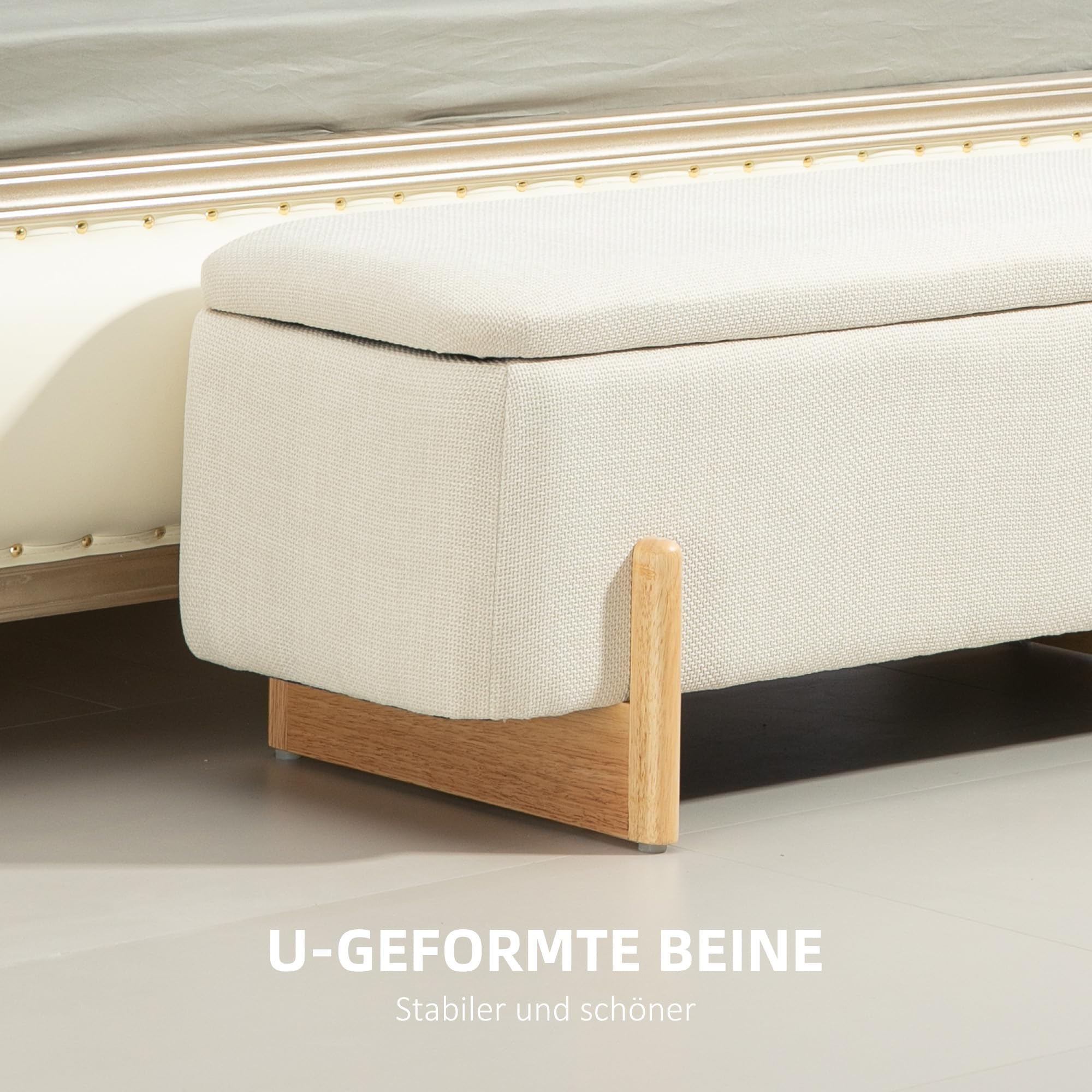 HOMCOM Panca con vano portaoggetti, panca imbottita effetto lino, cassapanca con cerniera di sicurezza, gambe in legno, per soggiorno, camera da letto, corridoio, 111 x 44 x 44,5 cm, bianco crema
