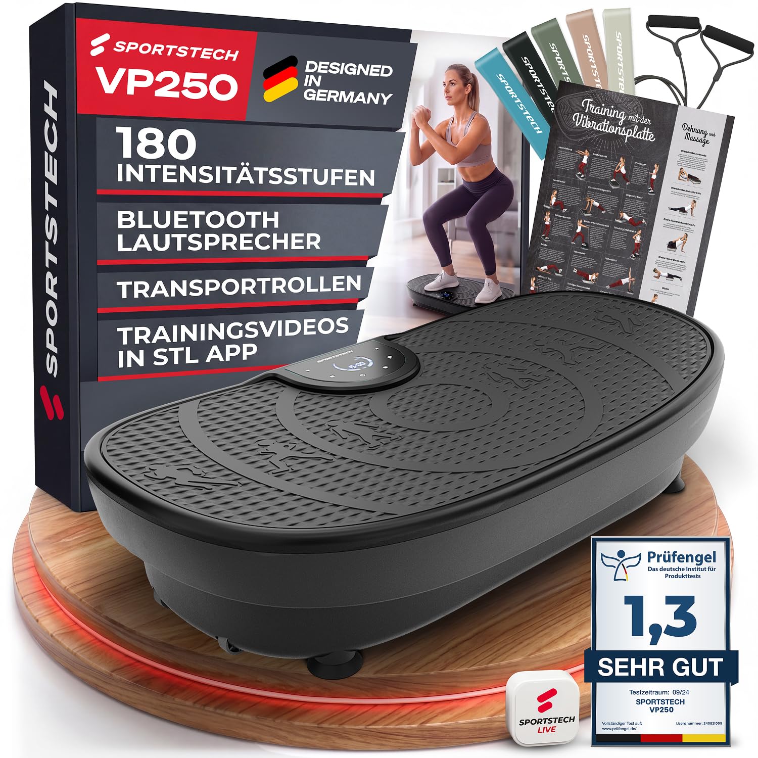 Sportstech VP250 Vibrationsplatte für Zuhause, Rüttelplatte für Frauen & Männer, Lymphdrainage, Fettverbrennung & Muskelaufbau, Ganzkörpertraining, leiser Motor, 200 W, 180 Stufen, Bluetooth