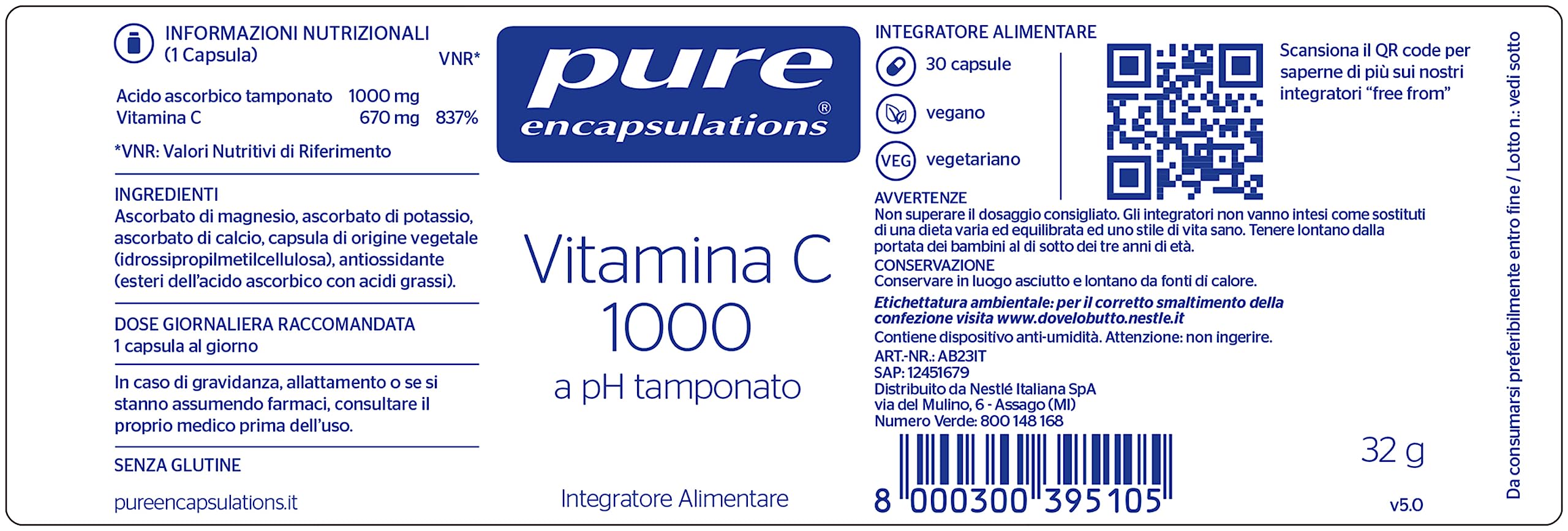 Pure Encapsulations - Vitamina C 1000 pH Tamponato – Integratore Vitamina C 1000 mg Difese Immunitarie, Energia, Collagene – 30 Capsule Vegane