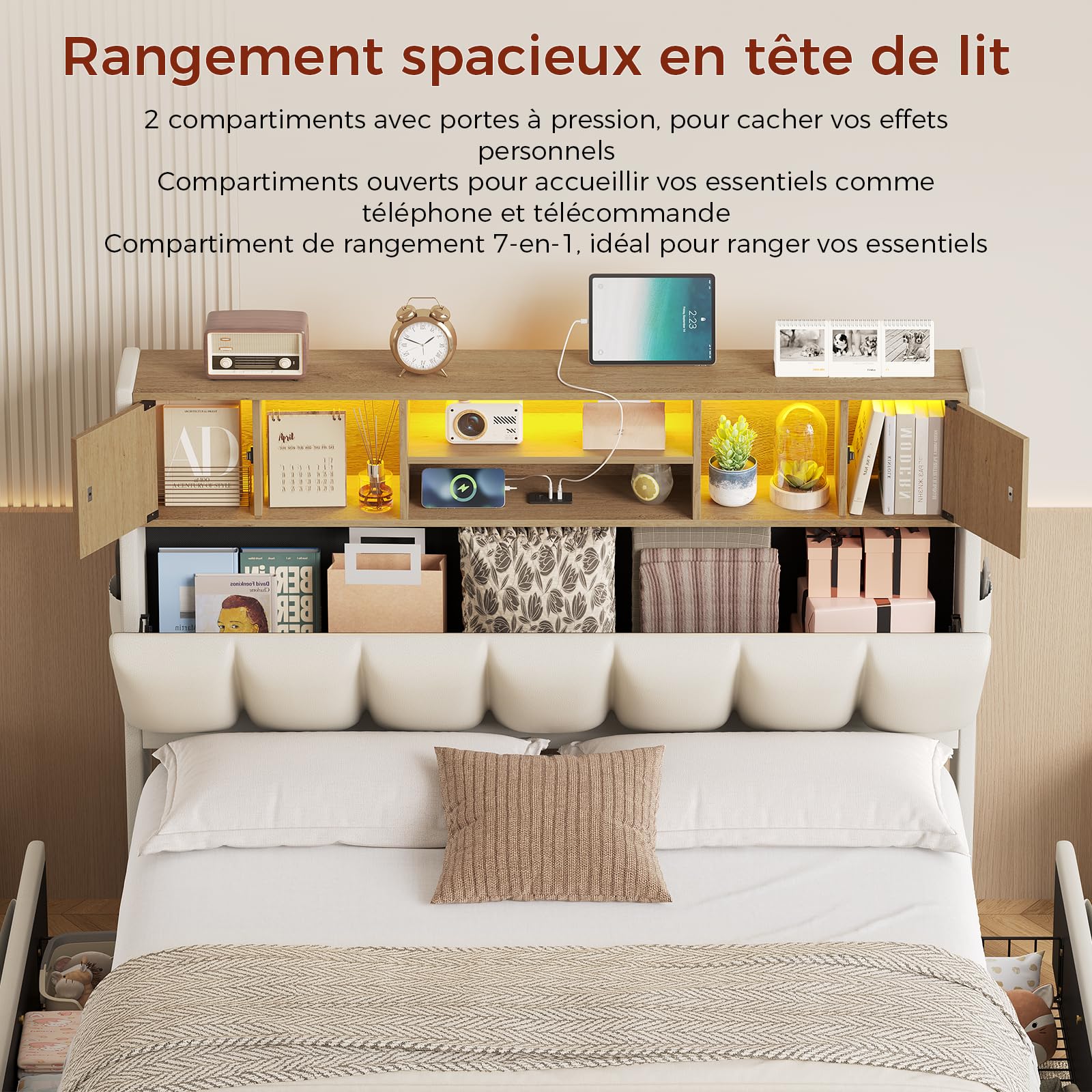 KIMENICH Lit 140 x 190, Lits Double avec LED et Multiprise, Cadre de Lit en Métal avec 4 Tiroirs, Tête de Lits en Bois Capitonnée avec 7 Compartiments, Lits 140 x 190 avec Sommier et Rangement, Blanc