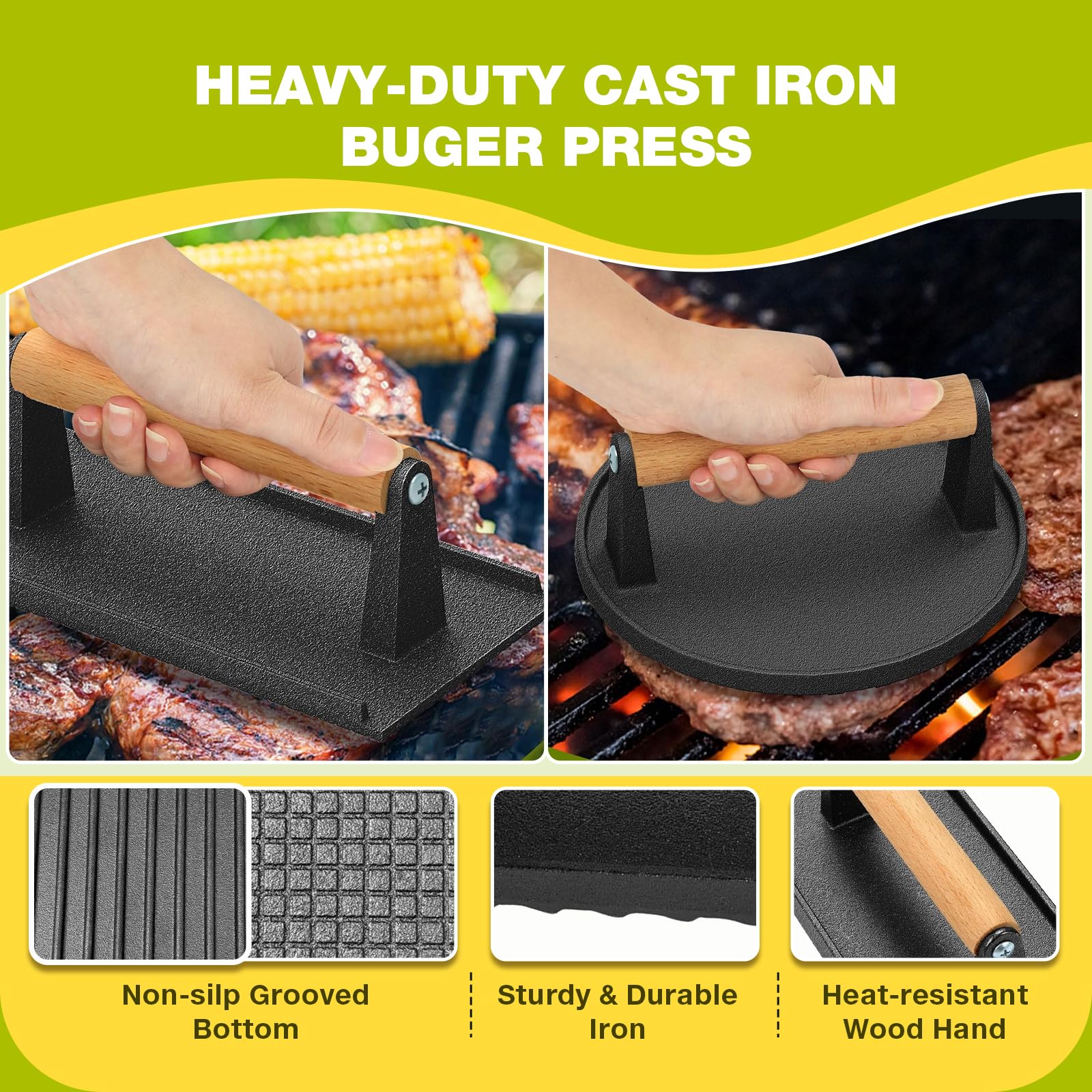 Fervidus Zestaw prasy do burgerów Smash 17,3 cm, okrągła i 21 cm x 10 cm, prostokątna, żeliwna prasa do grilla, 3 w 1, nadziewana forma do burgerów, nieprzywierająca prasa do burgerów, zestaw do