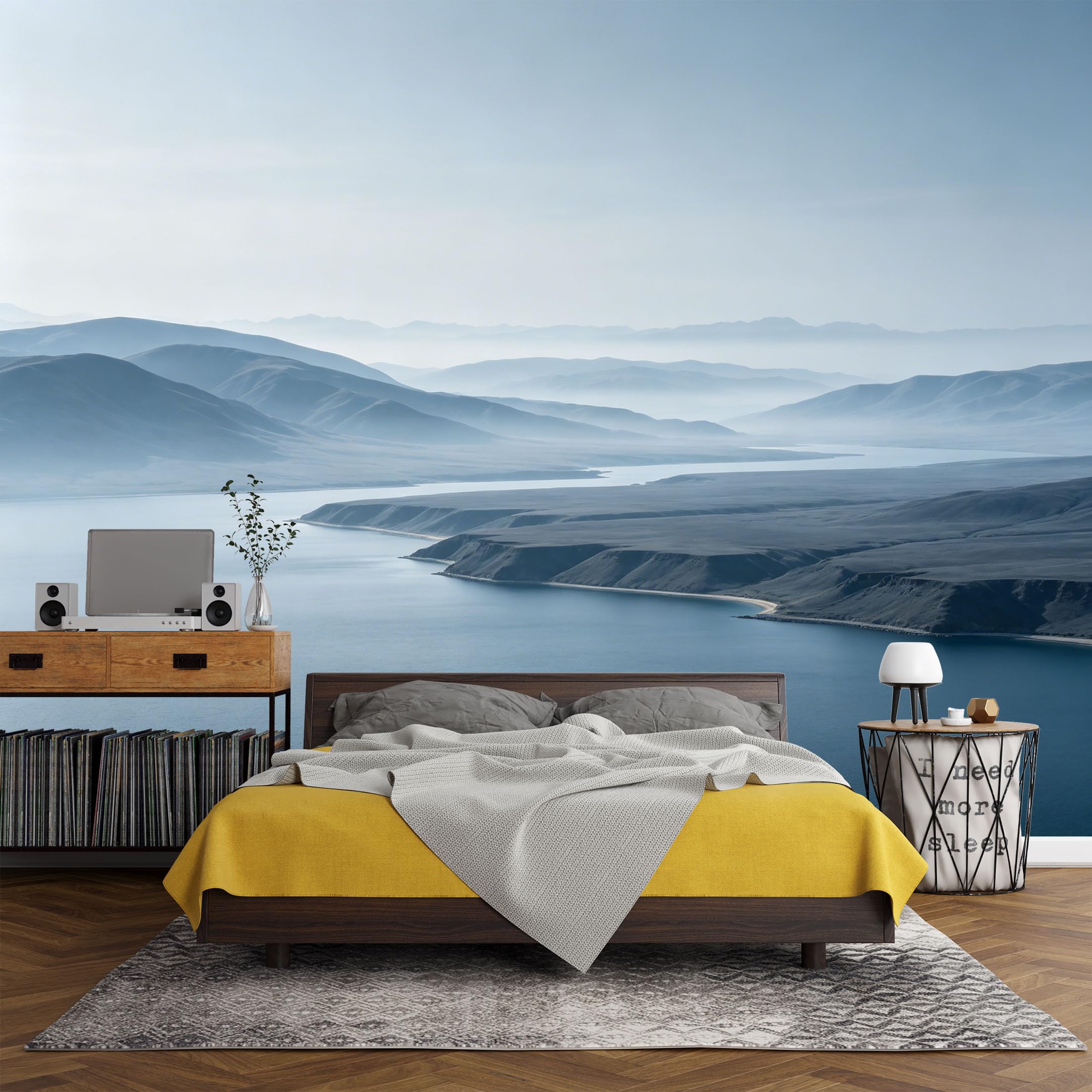 Custom Size Wall Mural Misty Mountain Lake Landscape Modern Minimalist Scenic Nature，SelfAdhesive Art Prints wall Fabric（No PVC） Removable Wallpaper Living Room Decor