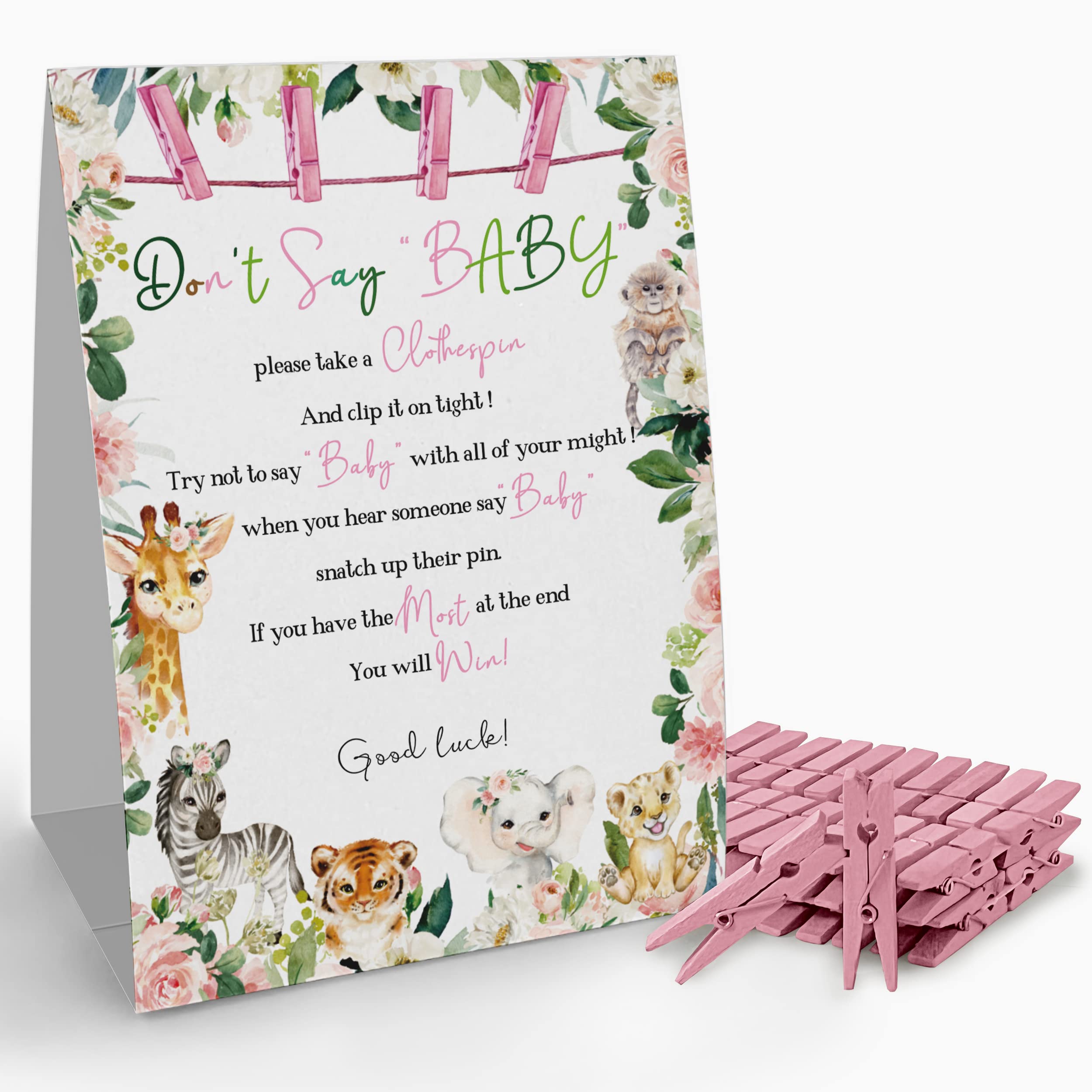 Don't Say Baby Clothespin Game Sign (1 Sign + 50 Mini Clothespins), Pink Rose Safari Animal Baby Shower Game，Baby Shower Decoration, It's a Girl