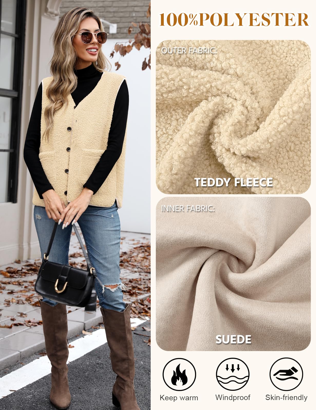 Yuson Girl Gilet Femme sans Manche Veste Polaire Chaud Manteau Automne Hiver Sherpa Waistcoat Casual Outdoor Gilets Blousons Couleur unie sans Manches Bouton Veste avec Poches