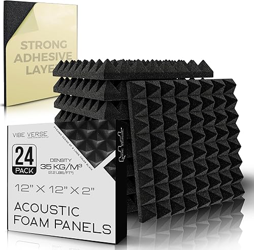 VibeVerse - Paquete de 24 paneles autoadhesivos de absorción de sonido de espuma acústica, 12 x 12 x 2 pulgadas, diseño pirámide negra de 8 líneas,