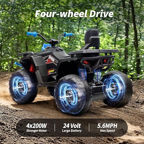 Miniatura 5 de ATV para niños de 4 ruedas, 24 V 4WD eléctrico ATV juguete para niños grandes con 2 plazas, motor de 4 x 200 W, velocidad máxima de 5.6 Mph - azul