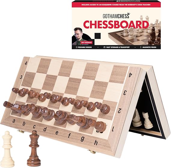 GothamChess Board | Foldable & Portable, Magnetic Chess Pieces, Organized Fitted Storage, Includes Course by International Master Levy Rozman, Game for Families & Adults | 15.75 x 15.75