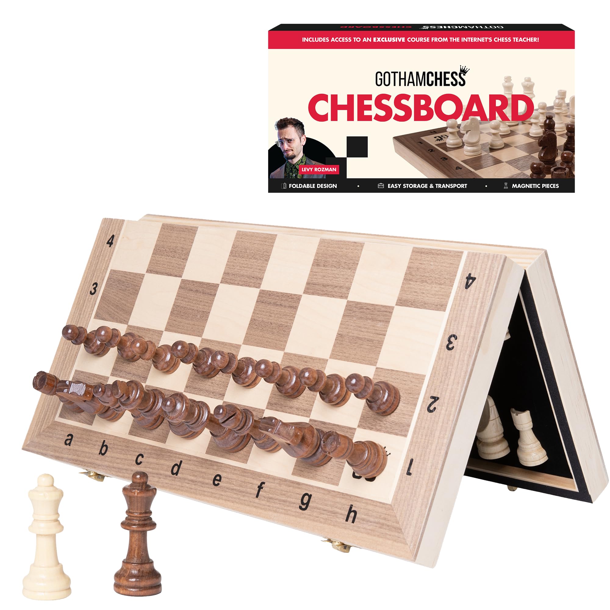 GothamChess Board | Foldable & Portable, Magnetic Chess Pieces, Organized Fitted Storage, Includes Course by International Master Levy Rozman, Game for Kids, Teens, Families & Adults | 15.75" x 15.75"