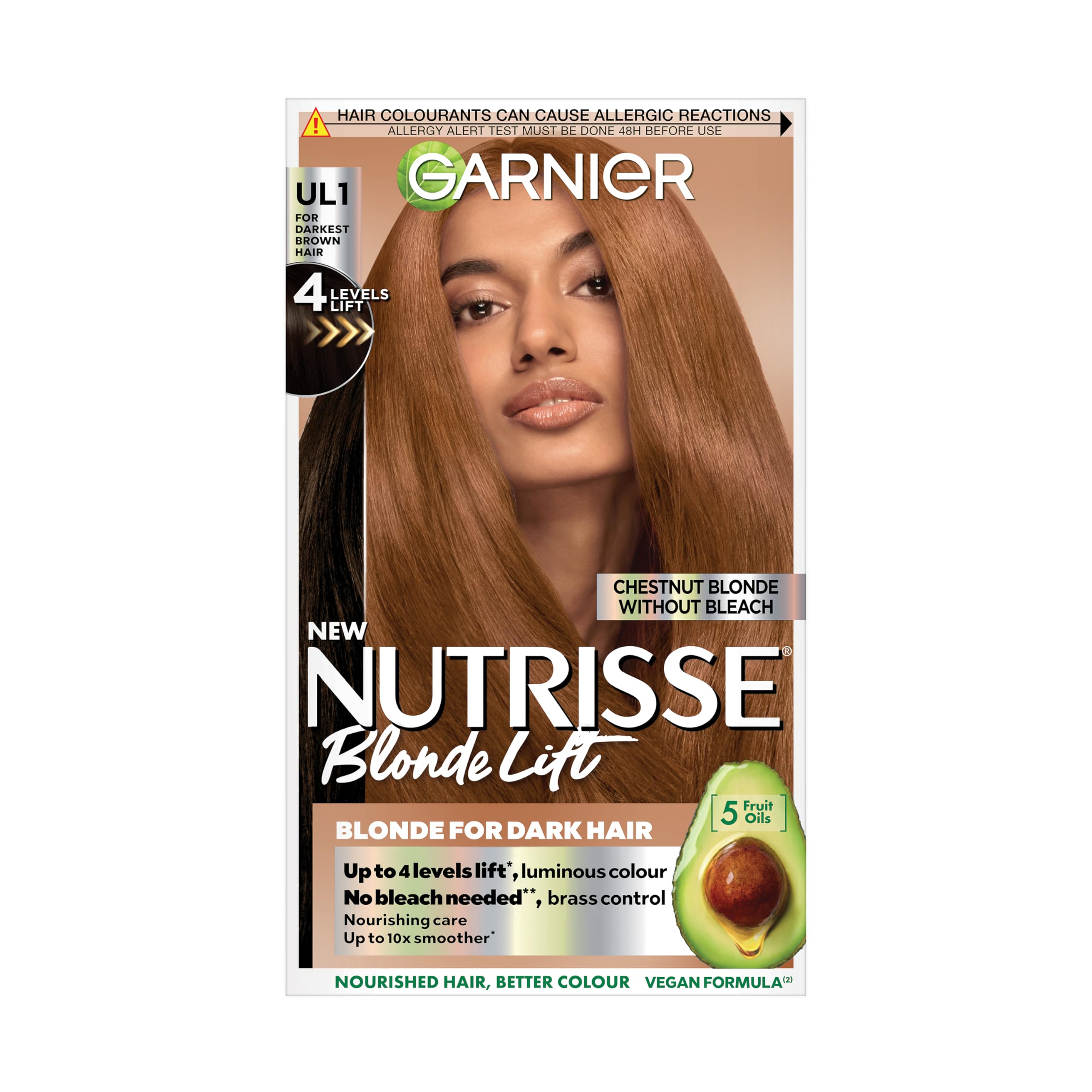 Garnier Nutrisse Hair Colour, Blonde Lift Hair Dye, Vegan, UL1 Chestnut Blonde Lift,100% Grey Coverage and 4 Levels of Lift, No-ammonia, Vegan for Rich, Subtle Chestnut Blonde Hues & Luminous Finish