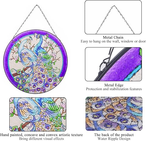 Miniatura 4 de Colgantes de ventana de cristal de pavo real de 11.8 pulgadas, decoración artística de pared de pavo real, panel atrapasoles con cadena (morado)