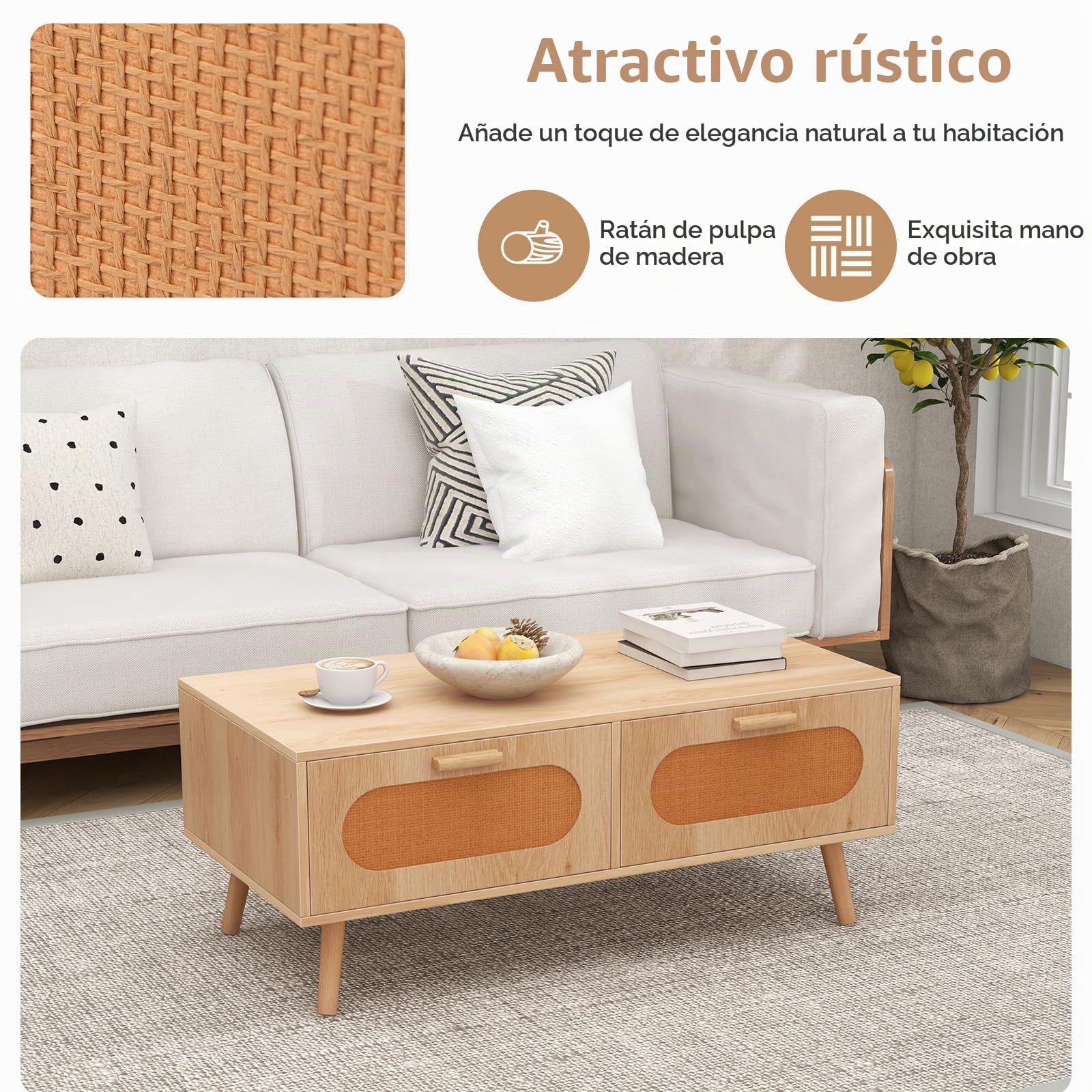 LIFEZEAL Mesa de Centro con 2 cajones y 1 Compartimento Grande, Mesa de salón con 4 Patas de Madera Maciza, Capacidad de Carga 60 KG, 100 x 50 x 41 CM, Natural, Estilo rústico