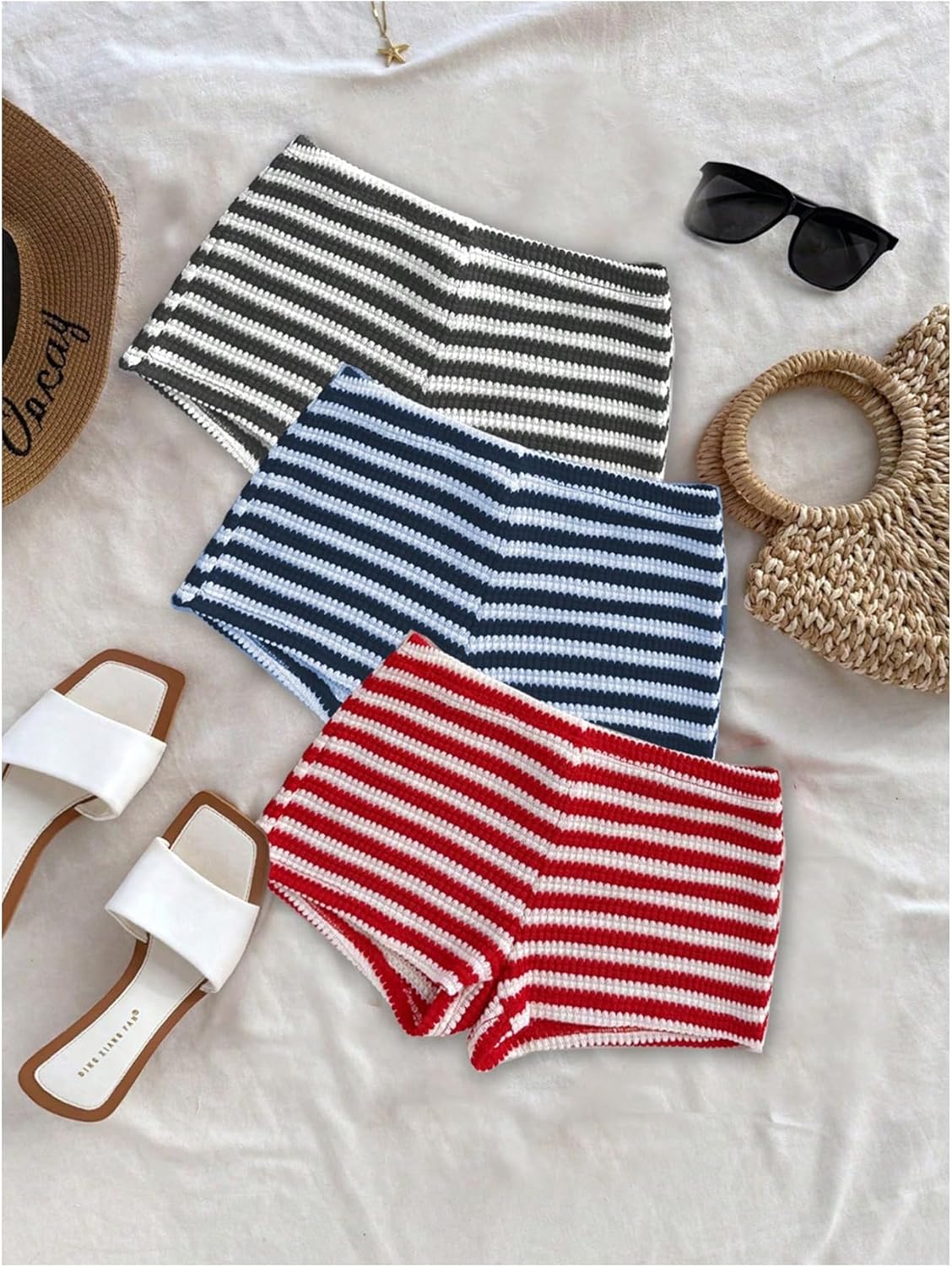 GORGLITTER Women's 3 Pack Striped Mini Shorts Elastic Waist Skinny Micro Shorts - Image 2