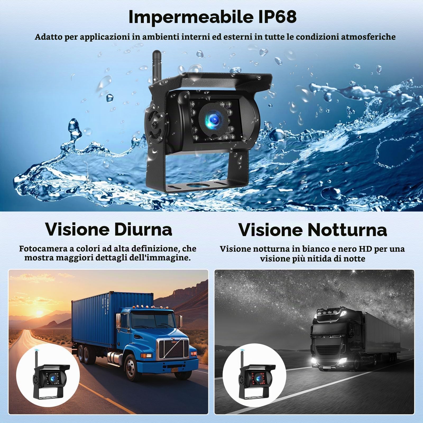 Kit Telecamera Posteriore IPS HD 7 Pollici senza Fili con 2 Telecamere, 1080P HD Telecamera Retromarcia Auto con IP68 Impermeabile, BSD, Visione Notturna per 12-36V Camion Camper Furgoni