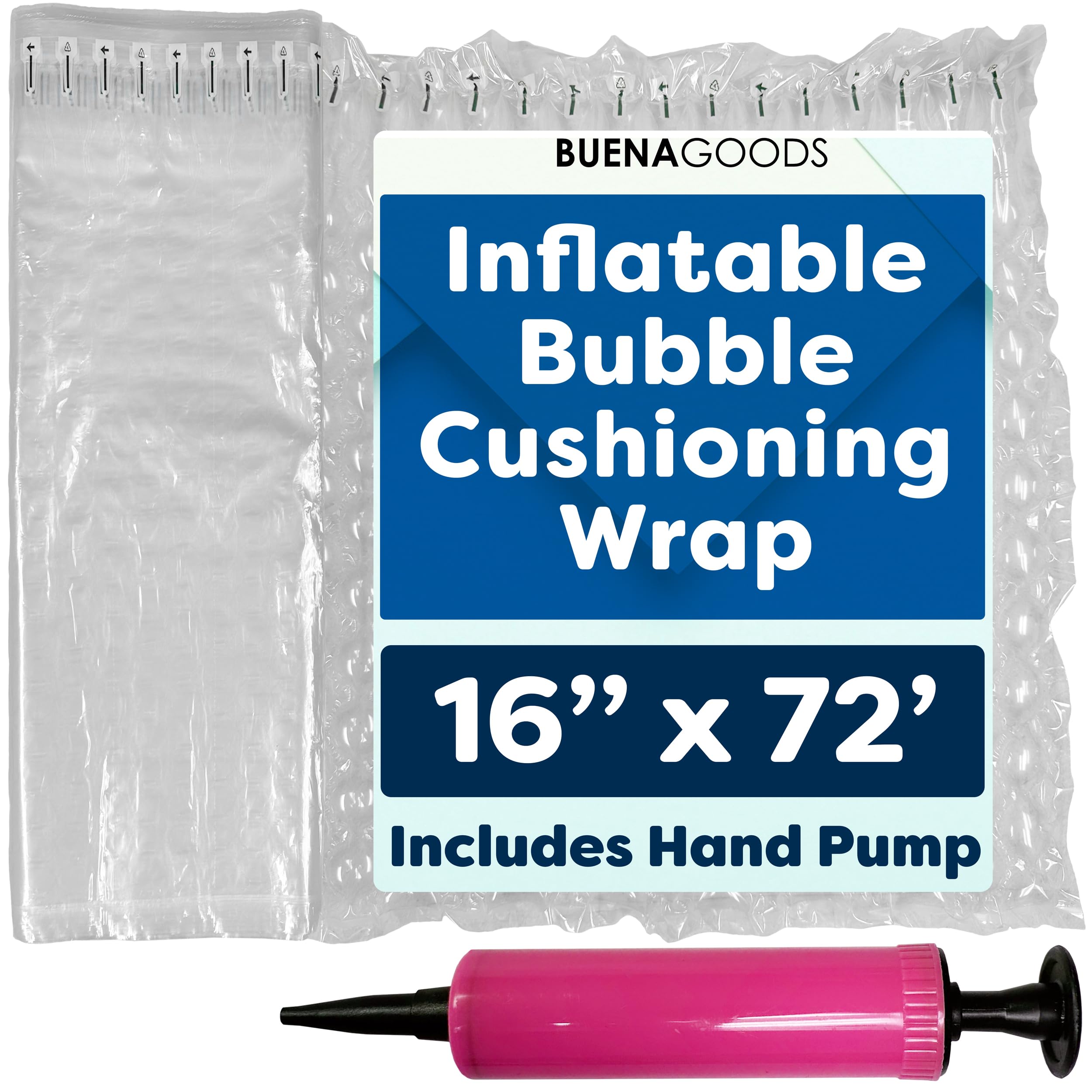 Buena Goods 16 Inch x 72 Feet Inflatable Bubble Cushioning Wrap Roll - Includes Free Pump - Large Heavy Duty Air Pillows for Shipping - Shipping Air