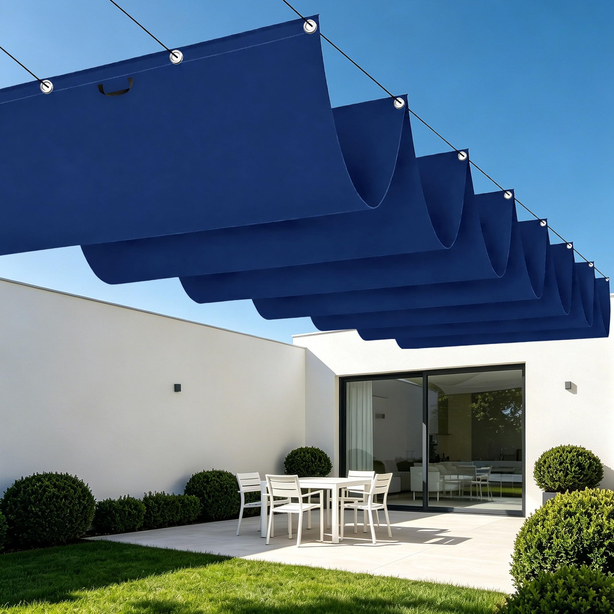 Voile d'ombrage rétractable 350x100 cm bleu foncé pour balcon et terrasse