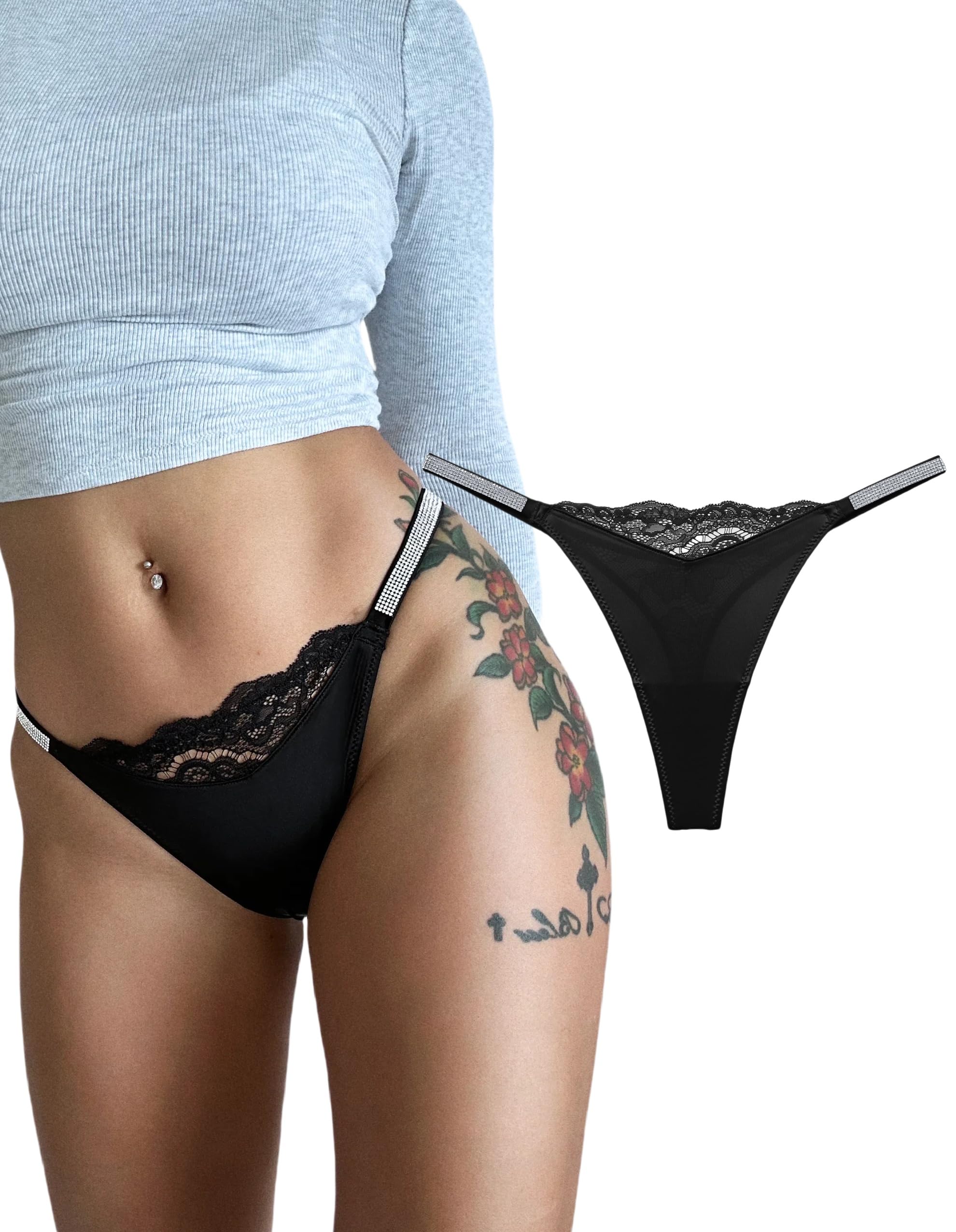 LuvNaja Lace Thongs for Women with Rhinestone Strap,Sexy Underwear,Seamless G-string,Breathable Panties