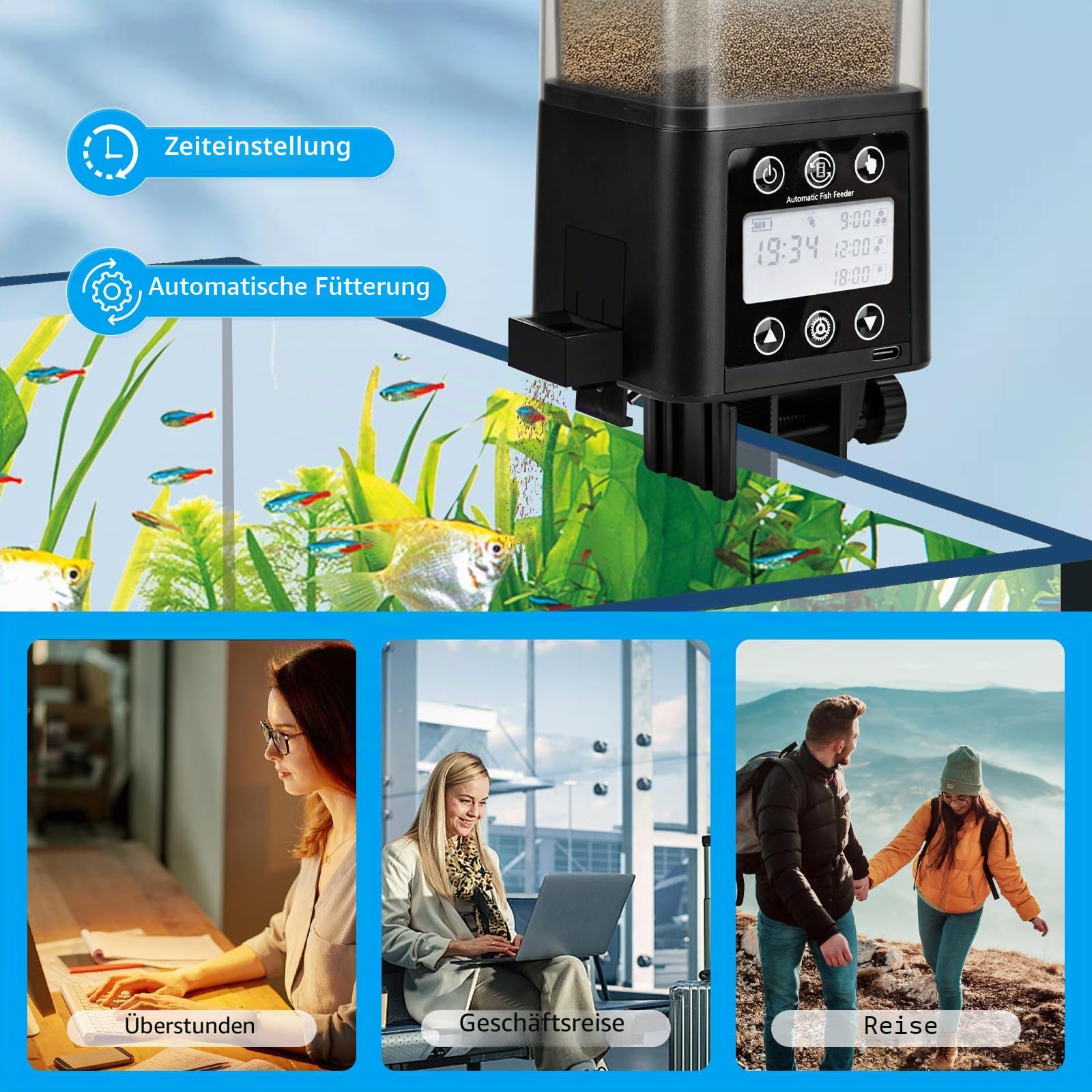 Podazz Futterautomat Aquarium – Wiederaufladbarer Zeitgesteuerter Fischfutterspender mit LCD-Display, 320 ml perfekt für Wochenenden und Feiertage - Schwarz