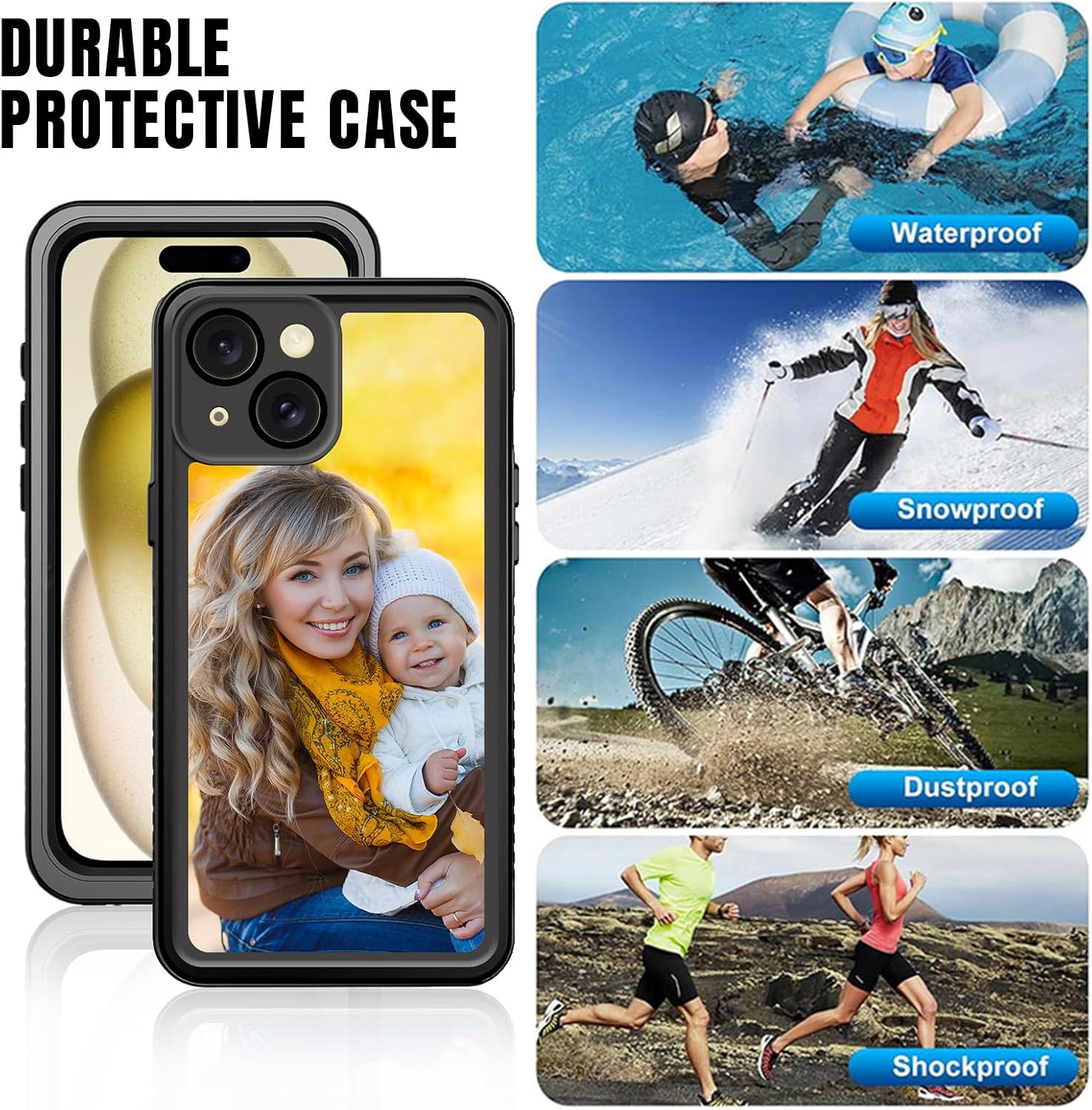 Custom for iPhone 15 Case Waterproof Personalized Photo Logo Text,Built-in Screen & Camera Lens Protector[IP68 Underwater] [Military Grade Shockproof] Full Body Protective Phone Cover, Black/Clear