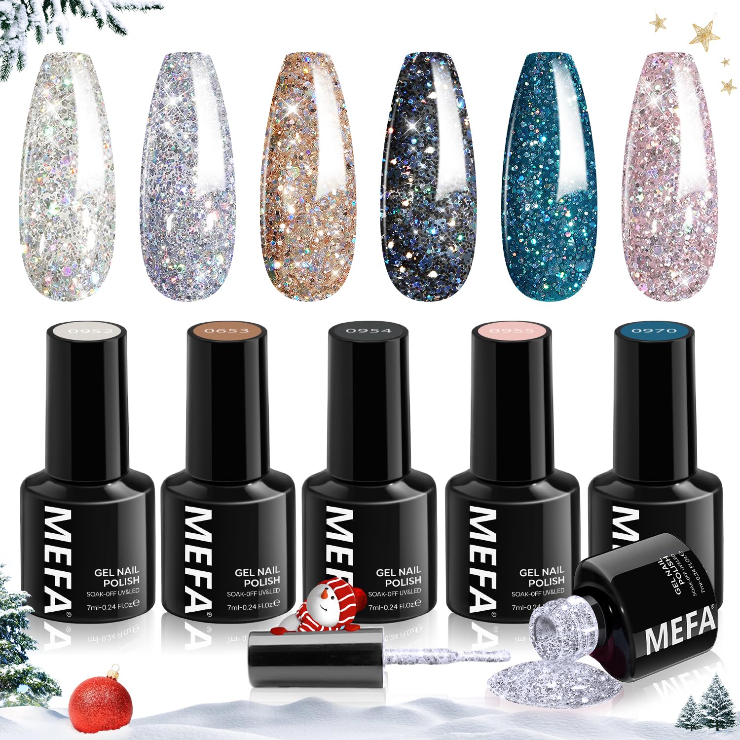 MEFA Glitter Gel Nail Polish Set 6 Colors, Chrome Platinum Sparkly Shiny Black Silver Champagne Turquoises Gel Polish Kit Soak Off Nail Art Design Salon at Home DIY Manicure Kit Gifts for Women