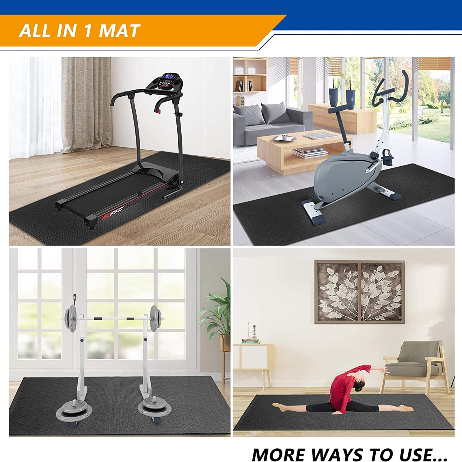 Tappetino Insonorizzante per Tapis Roulant Tappeto Antiscivolo Antivibrazioni Protezione del Pavimento Tappetino Pieghevole per Attrezzi da Allenamento,Biciclette,Ellittica,Yoga, 190×85×0.4cm