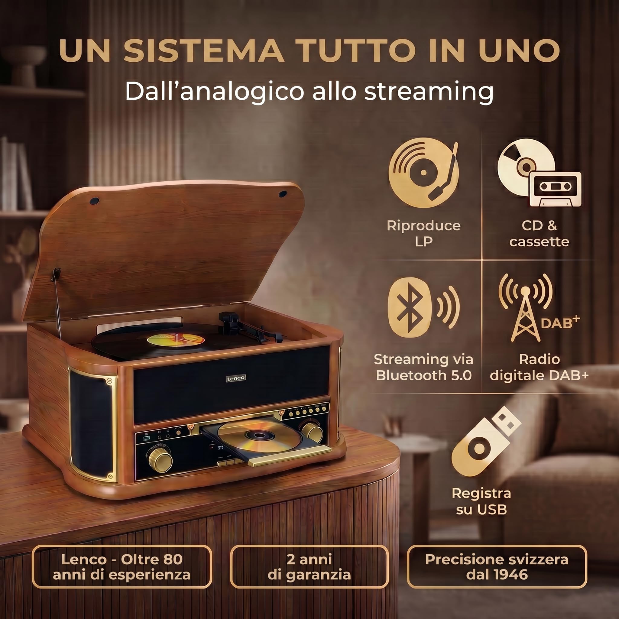 Lenco TCD-2571 Giradischi, Giradischi Vinili - Bluetooth - altoparlante, radio DAB+, lettore CD, 3 velocità, trasmissione a cinghia, 2 x 5 Watt, legno
