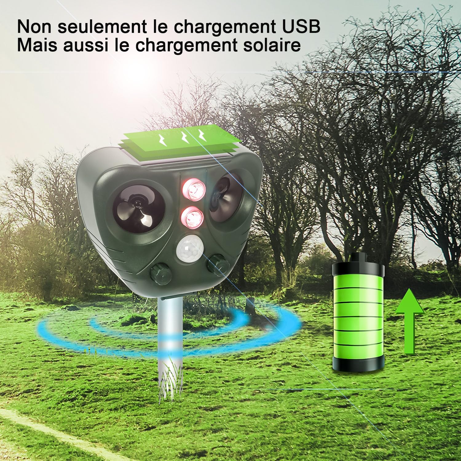 Repulsif Ultrason Chat, Repulsif Chat Exterieur Ultrason Etanche IP66, Rechargeable par énergie Solaire/USB, Empêche Les Chats, Les Chiens, Les Oiseaux, pour Le Jardin, Le Terrain...