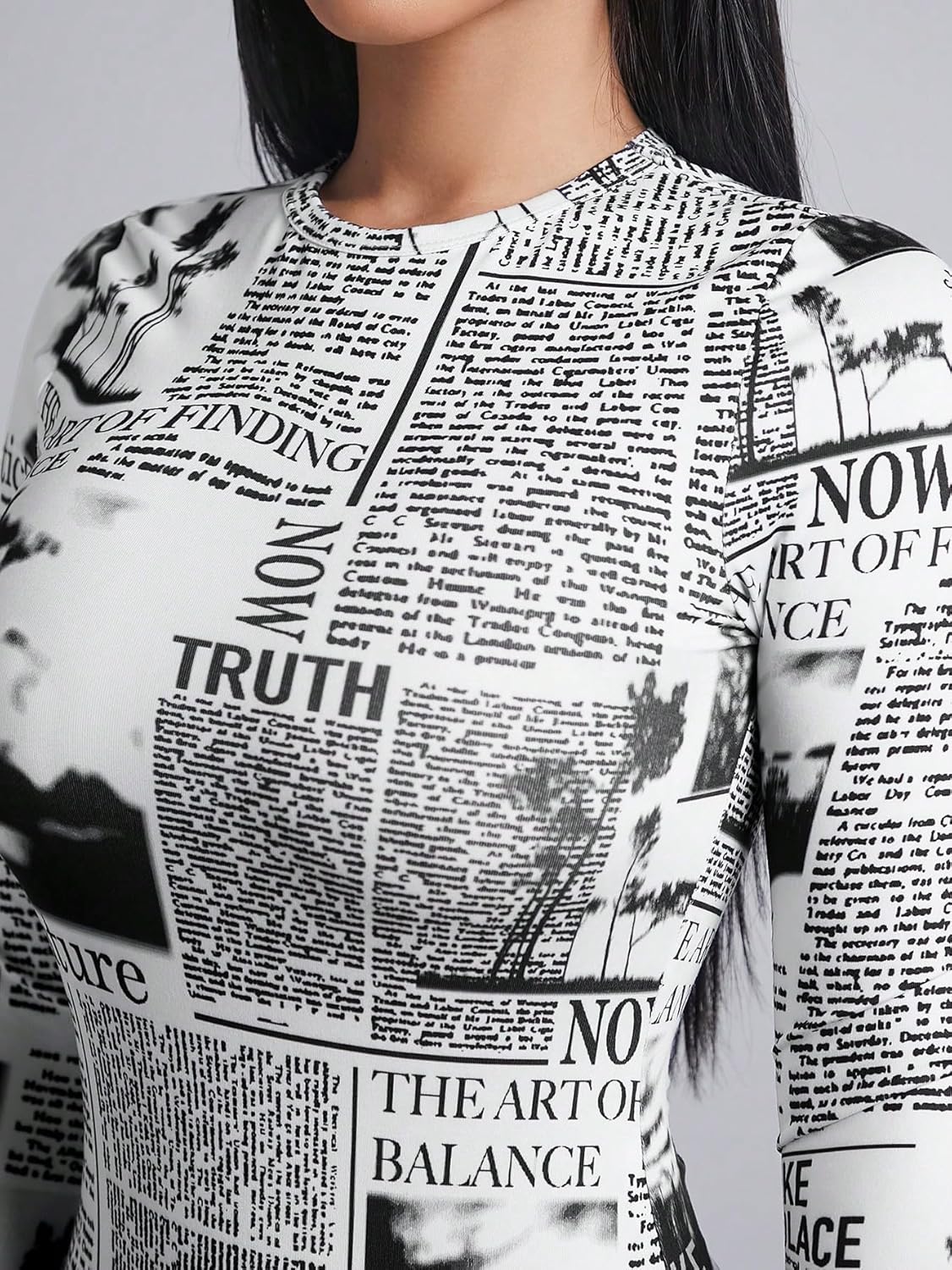 WDIRARA Women's Newspaper Print Long Sleeve Round Neck Knitted Stretchy Slim Fit Bodysuit - Image 4