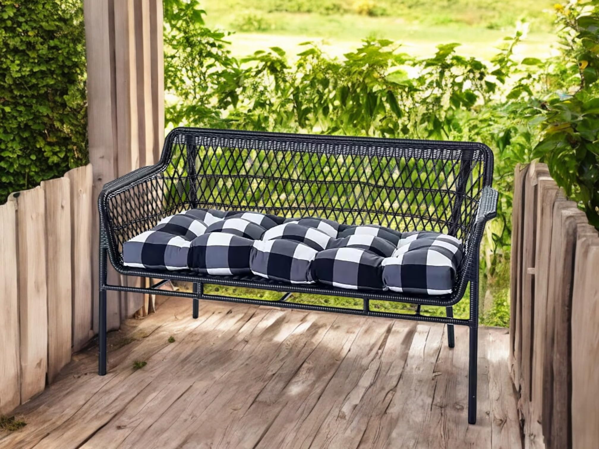 ATOOTFUSION Buffalo Check Indoor Bench Cushion, Black and White Plaid, Tufted Seat Pad with Ties 48X18 Inch 1