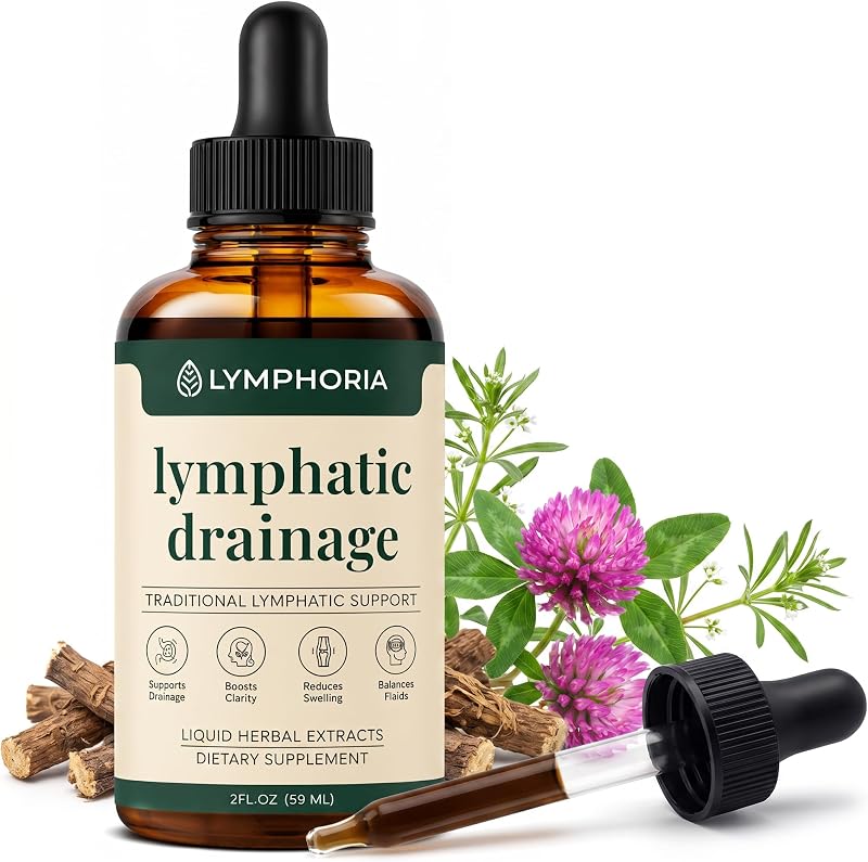Lymphoria Lymphatic Drainage Drops for Bloat Relief & De-Puff – Cleavers, Red Clover, Stillingia Root & Prickly Ash Bark – Lymph Node Detox Cleanse, Fluid Retention – Alcohol-Free, Vegan, 2 Fl Oz