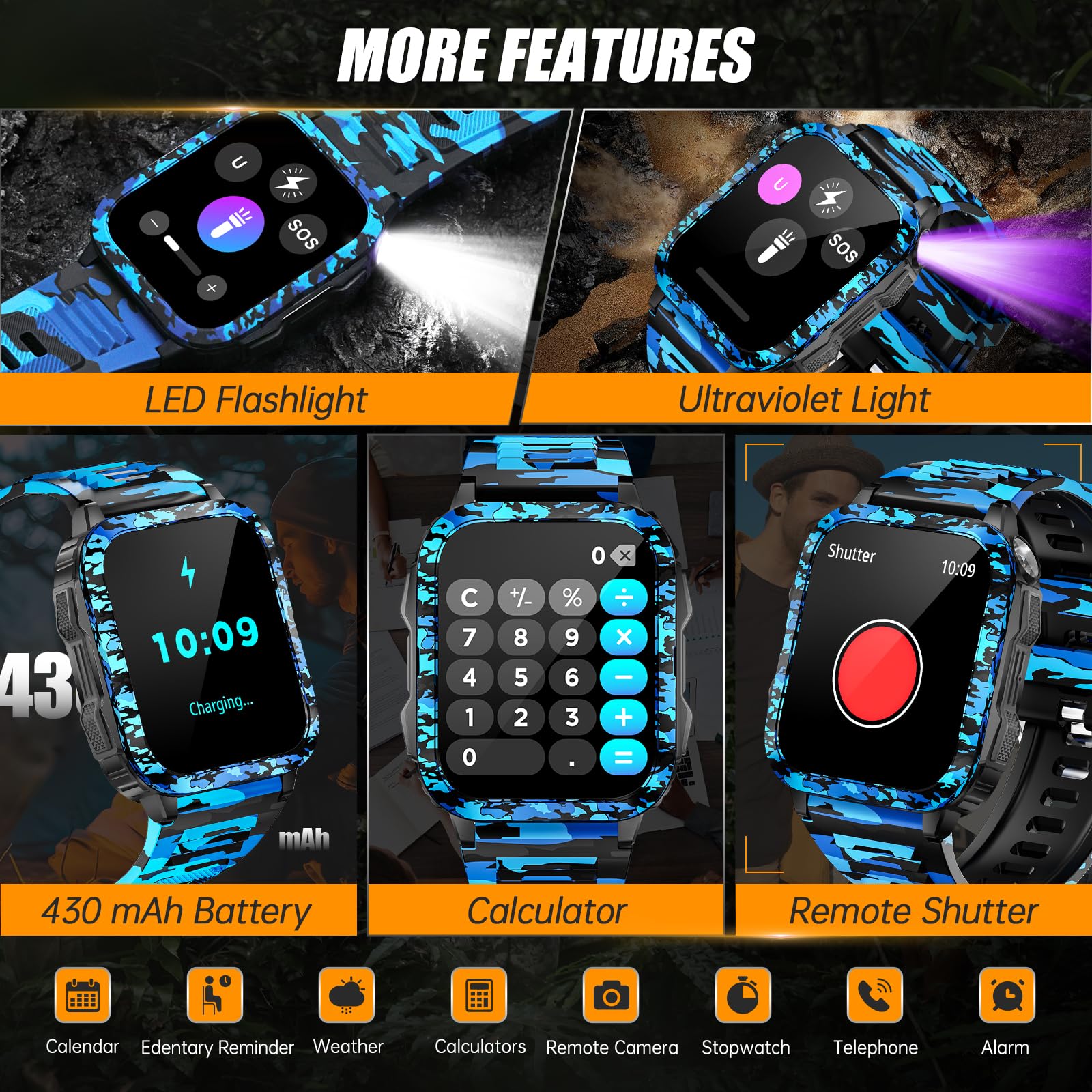 Montre intelligente militaire pour homme avec appel/lampe de poche LED/lumière UV 5 cm, grand écran 3 ATM, étanche, robuste, montre intelligente tactique avec moniteur de fréquence cardiaque, SPO2